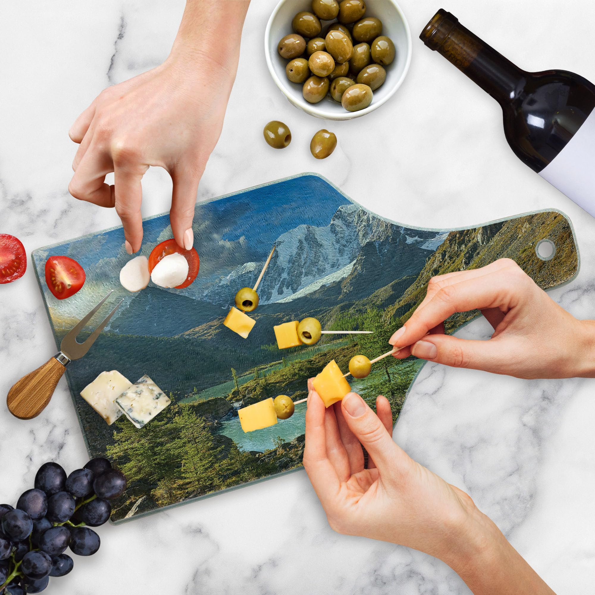 Lunarable Altai Mountains Chuya Ridge Lake Russia Siberia Sunbeams Morning Sky View Tempered Glass Cutting Board - Wine Bottle Shaped Serving Board in Brown Blue White - Perfect for Kitchen Decor, Charcuterie Display & Wine Pairing Parties
