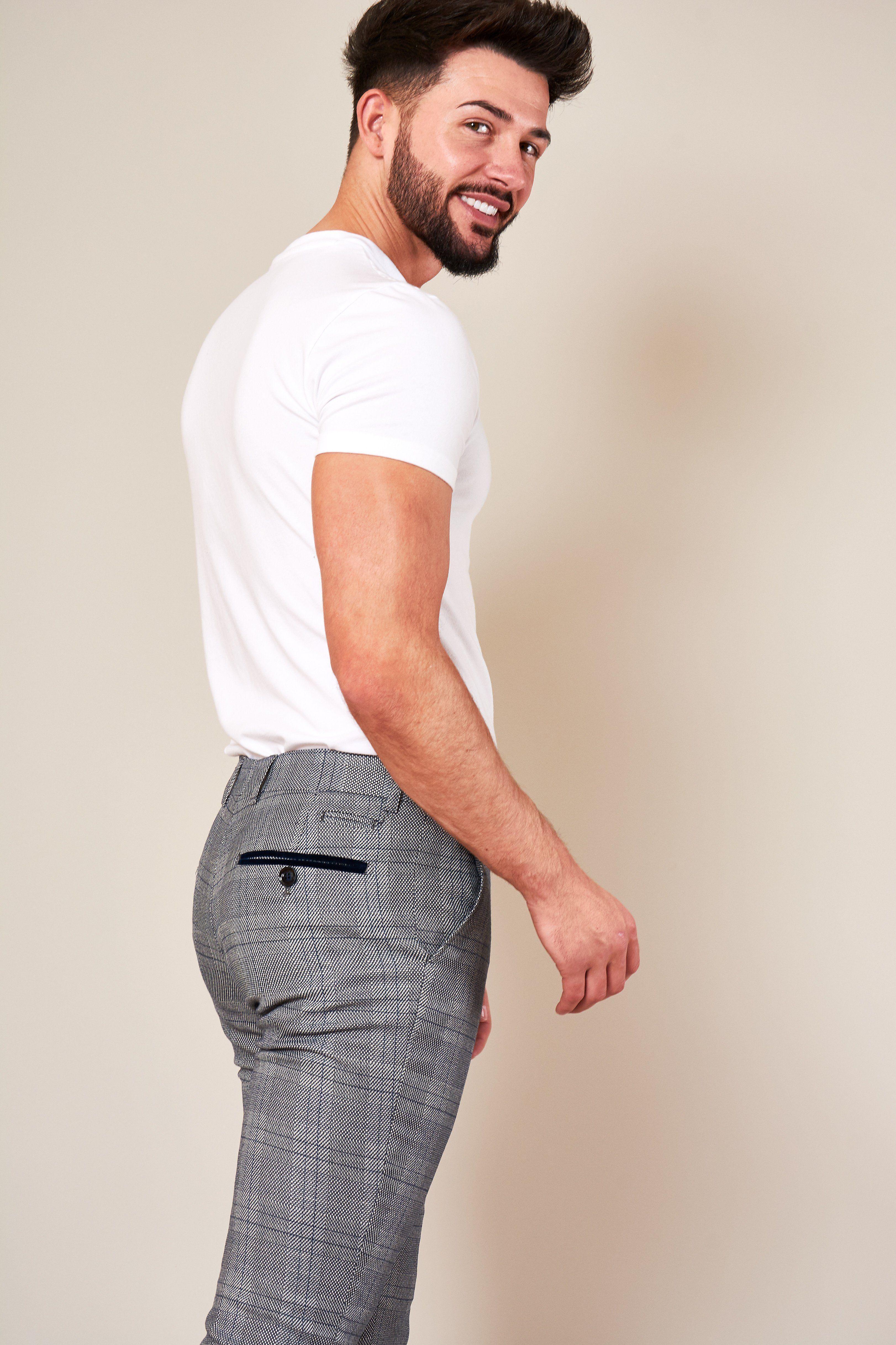 JERRY Skinny Fit Grey Check Trousers for Men - Slim Fit Casual Pants for Office, Dating & Night Out