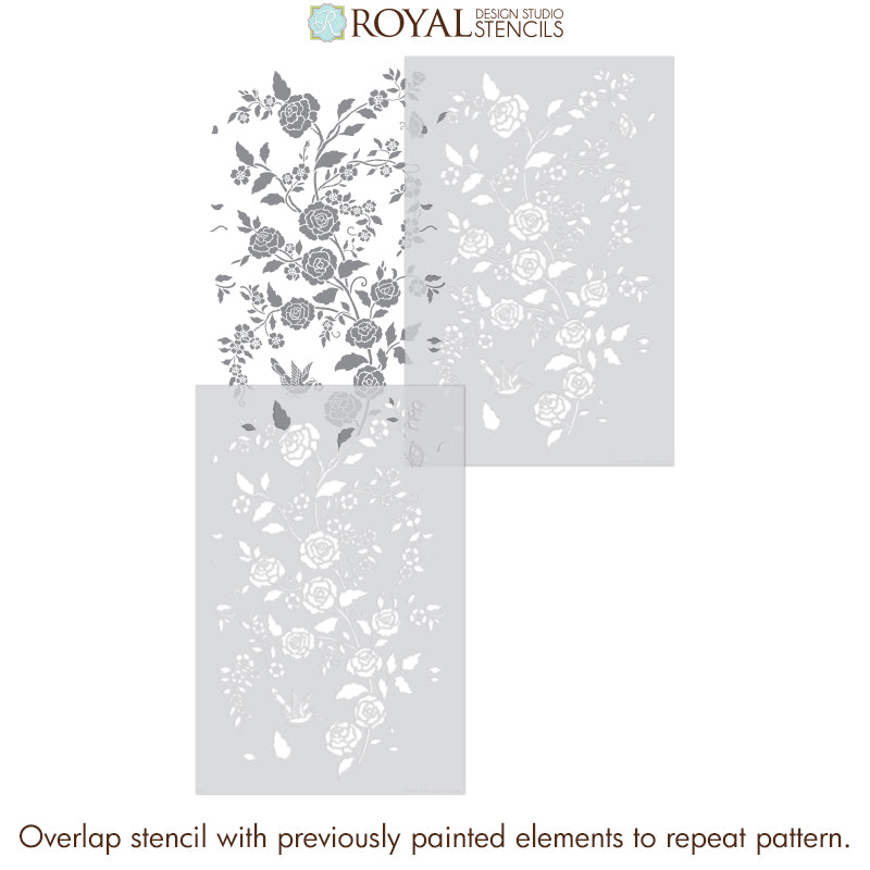 Meandering Rose Chinoiserie Wall Stencil - DIY Home Decor for Bedroom, Living Room & Nursery - Floral Pattern Painting Template for Walls and Furniture