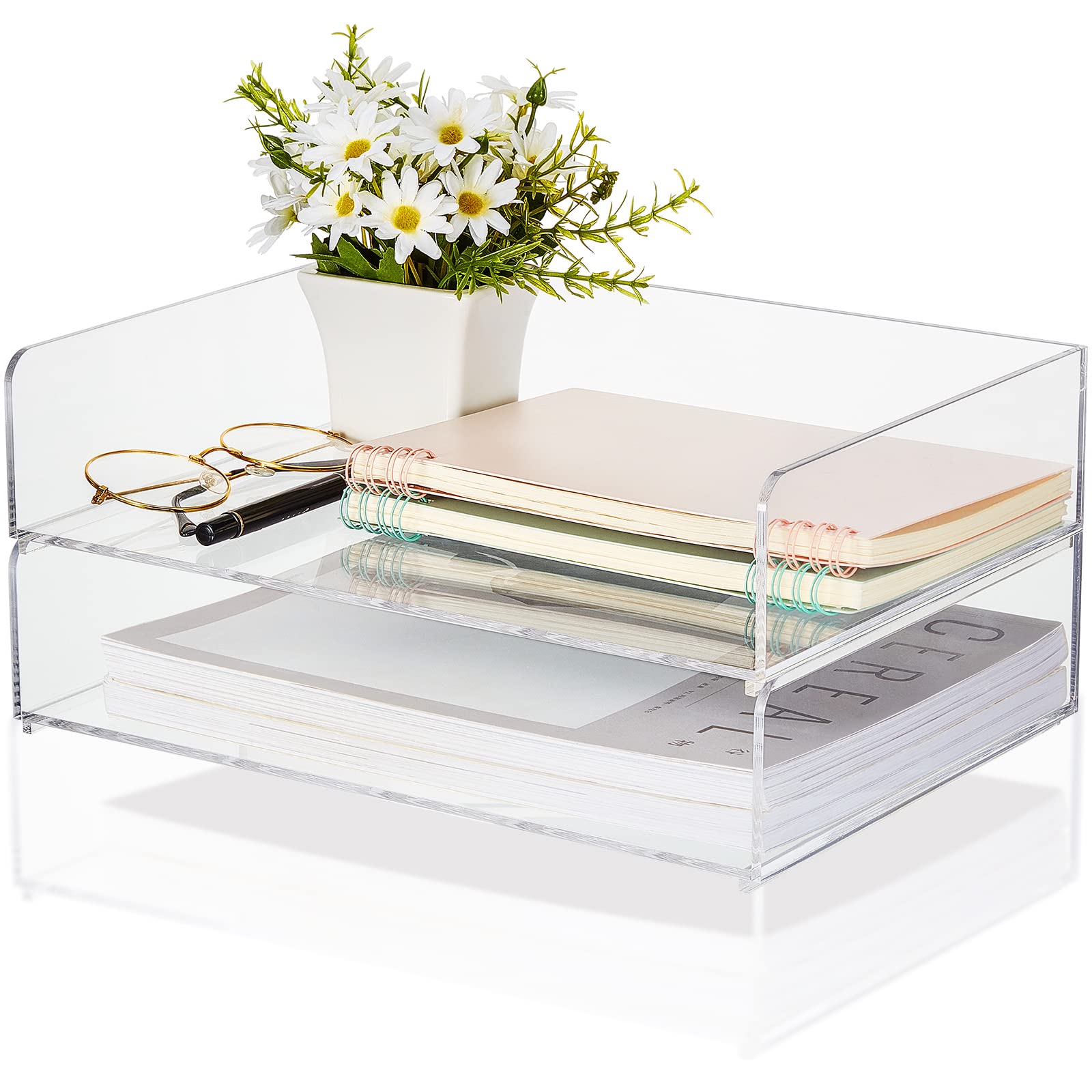 Yulejo 2-Pack Clear Acrylic Stackable Desk Organizer Trays - 12.4 x 8.74 x 2.68 Inch Office Document & Paper File Holder for Workspace Organization - Perfect for Home Office, School Desk, and Office Workspace Accessories