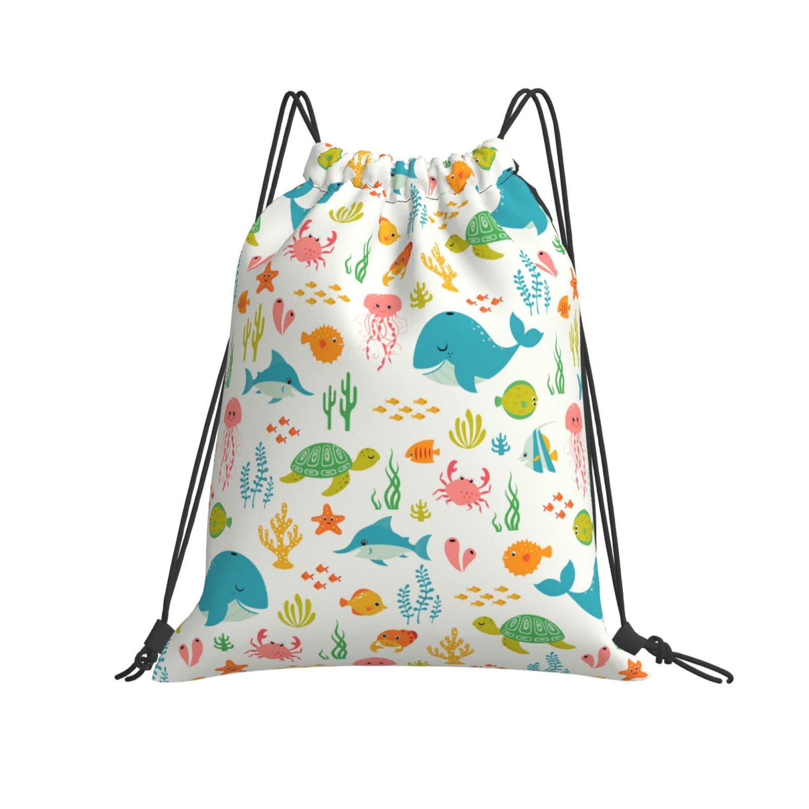 Sea Animals Drawstring Backpack - Cute Beach Bag for Shopping, Sport, Yoga, Travel & Vacation - Lightweight & Durable for Kids & Adults