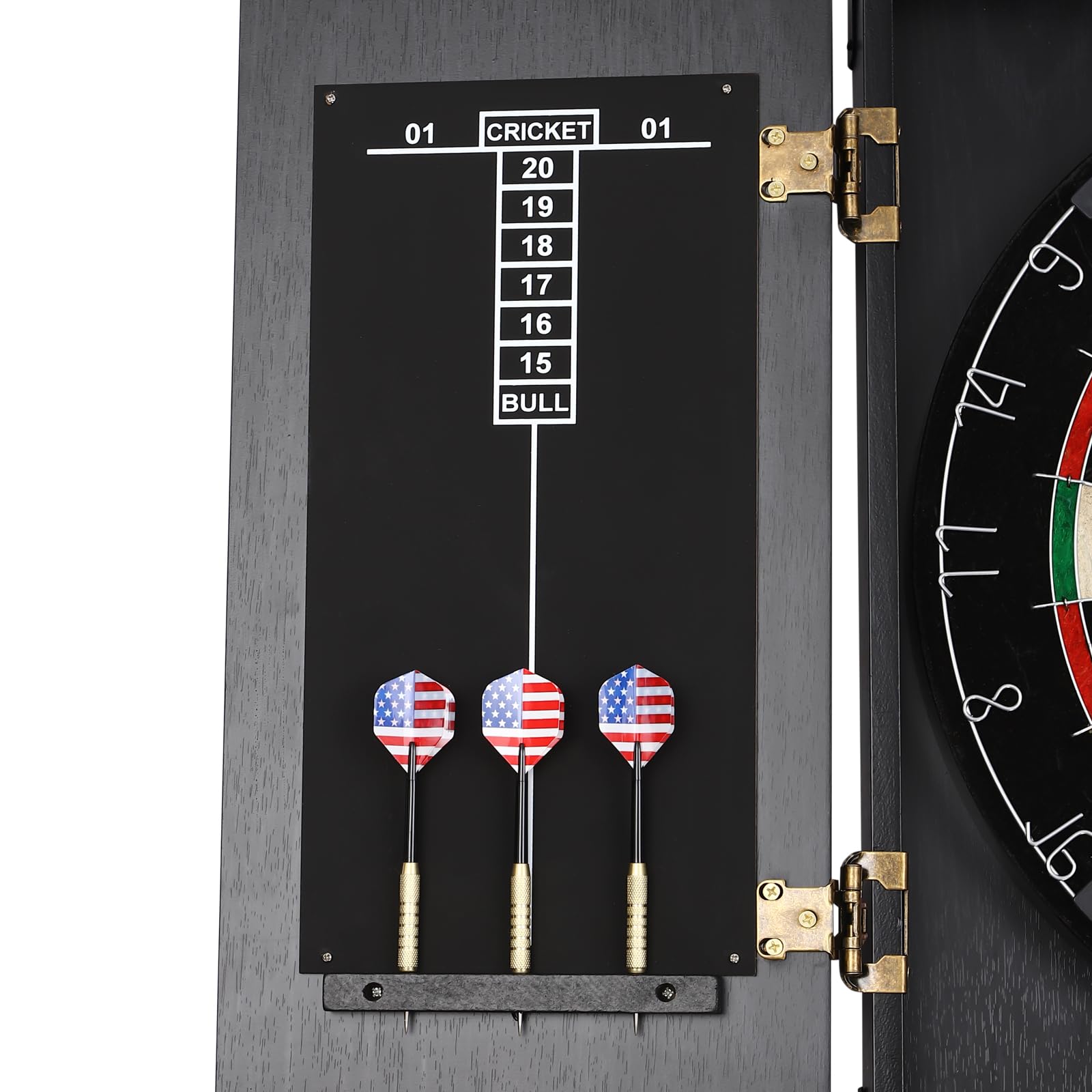 Premium Wall-Mounted Black Dartboard Cabinet Set - Easy Assembly Wooden Dart Board with Hideaway Storage & 2 Steel-Tip Darts - Ready-to-Play Bundle for Game Rooms, Bars, and Man Caves