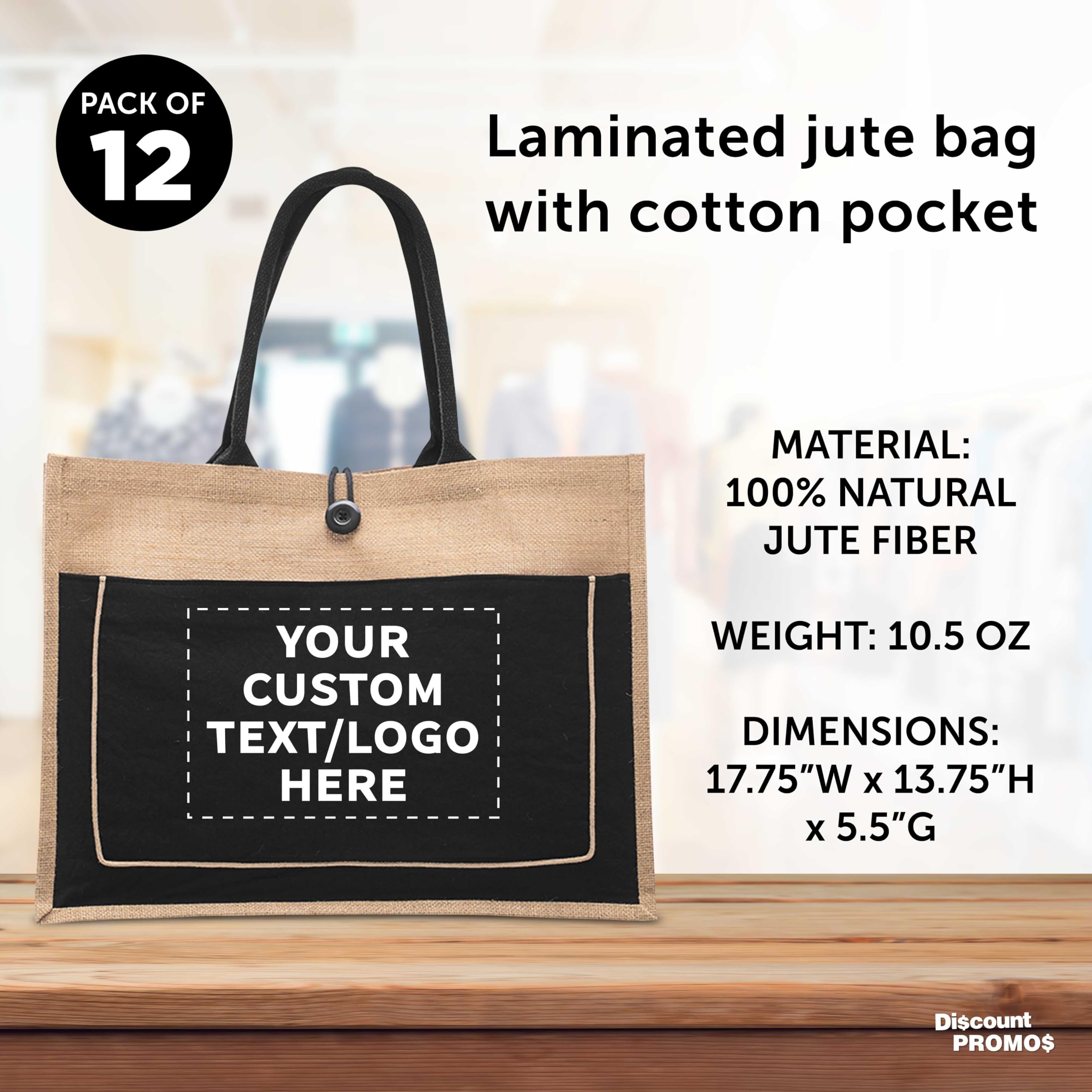 Custom Jute Tote Bags with Cotton Pocket - 50 Pack Bulk Wholesale Eco-Friendly Reusable Grocery Bags - Personalized Promotional Totes for Picnic, Beach, Camping, Outdoor Activities & Shopping - Black