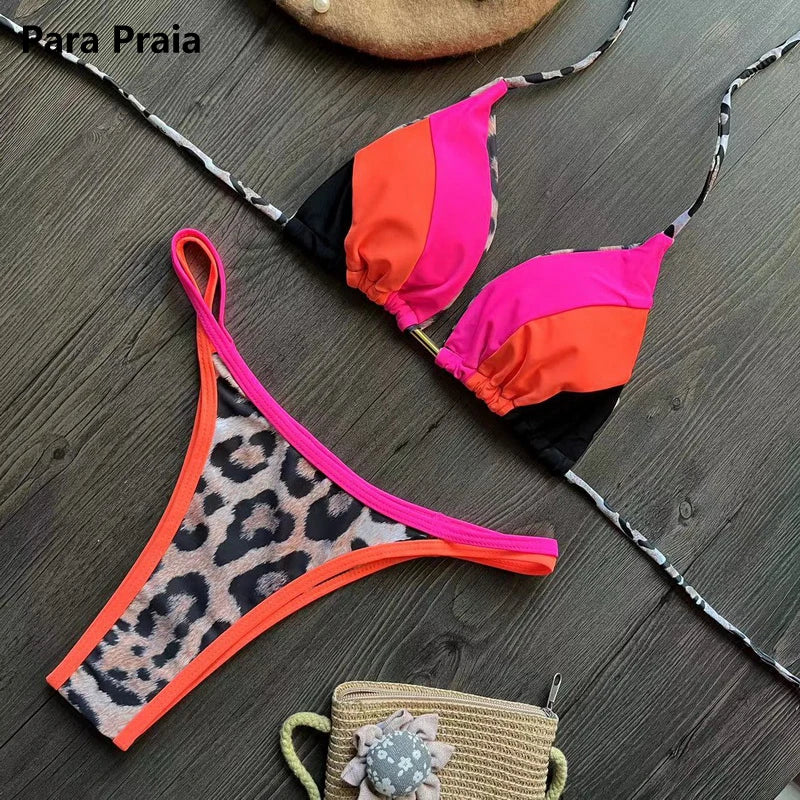 **2024 Women's Halter Brazilian Bikini Set - 9 Colors, Leopard Print & High Cut Swimwear | Sexy Bandage Bathing Suit for Beach, Pool & Vacation**