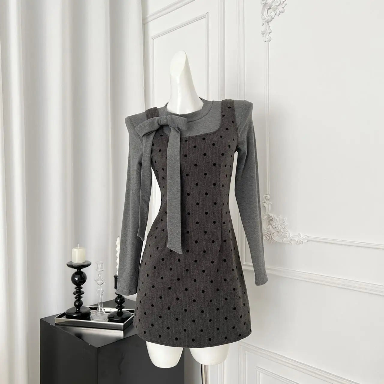 2024 Autumn Women's Fashion French Two-Piece Set - Grey Bow Long Sleeve Top + Square Neck High Waist Dot Wrap Mini Dress | Office Wear & Date Night Outfits