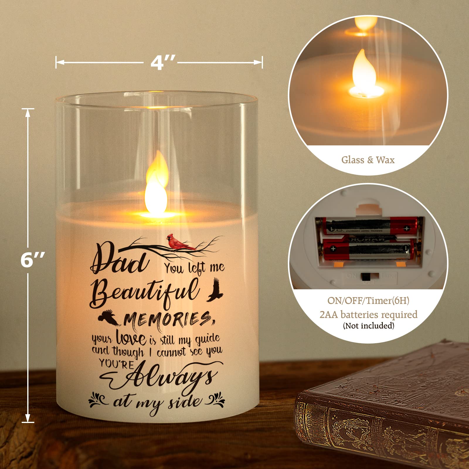 Real Wax LED Memorial Candle with Timer - Flameless Sympathy Gift for Loss of Father, Loved One, Bereavement & Remembrance - 6