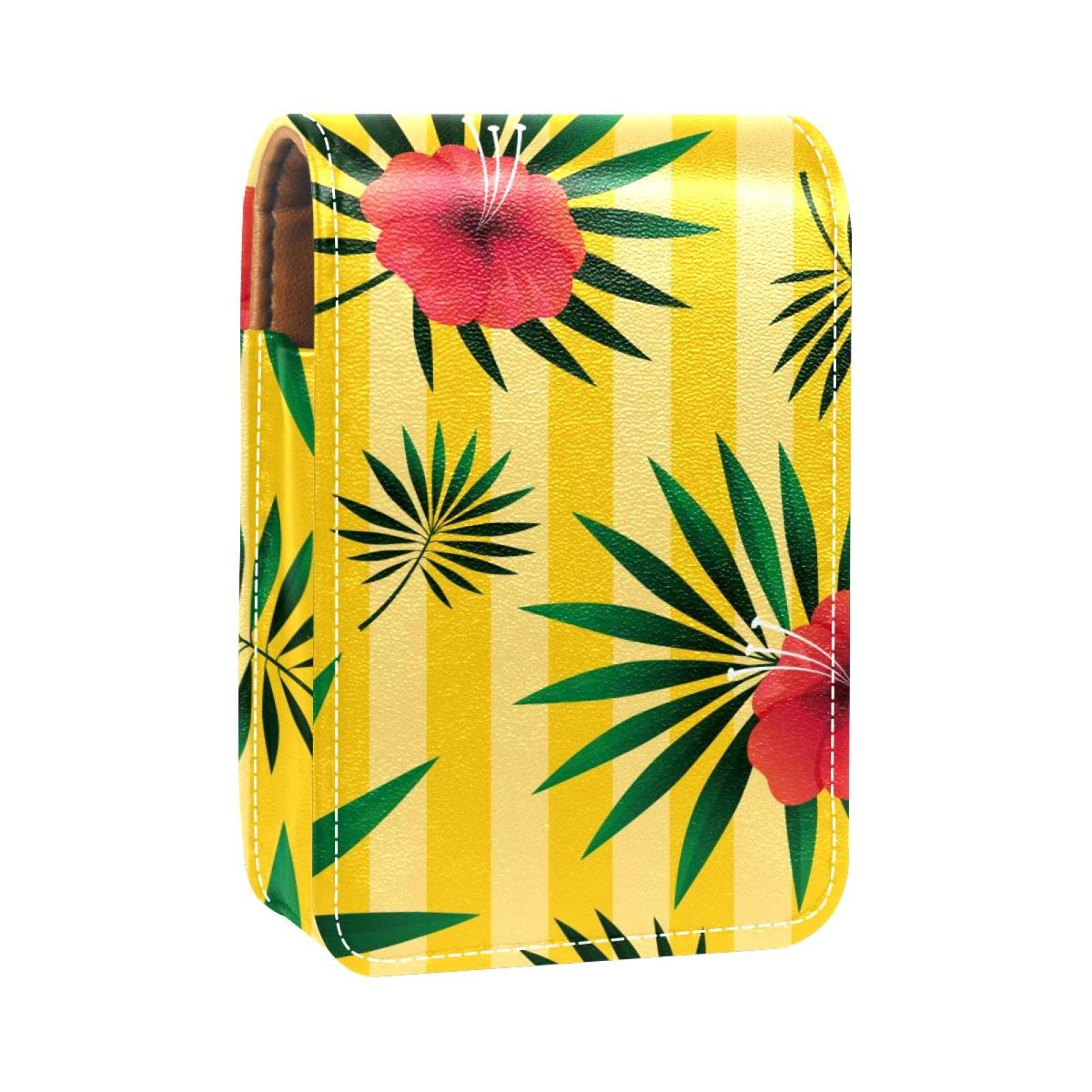 Personalized Lipstick Case - Portable Makeup Bag & Cosmetic Pouch Organizer - Tropical Leaf Floral Yellow Striped Design - Perfect for Travel, Gift & Daily Makeup Storage
