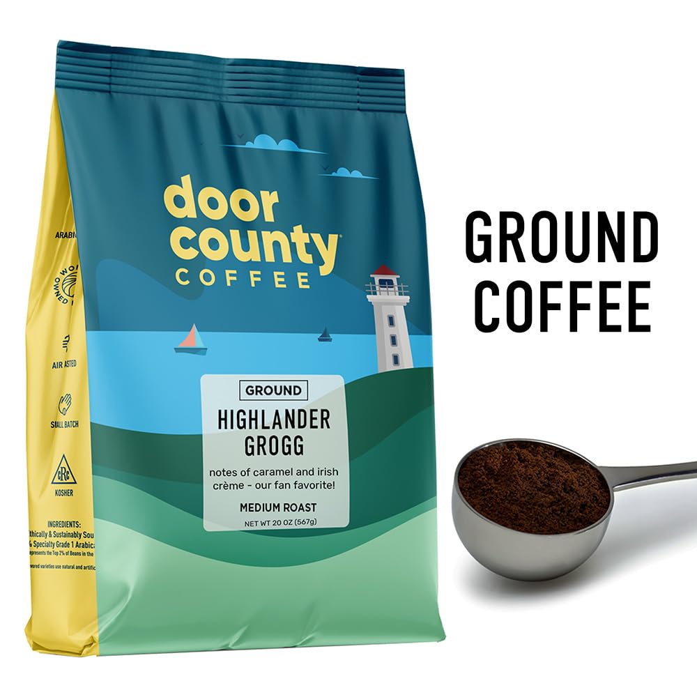 Door County Coffee - Highlander Grogg, Irish Cream & Caramel Flavored Medium Roast Ground Coffee, 20 oz Bag - Perfect for Morning Brew, Office Break or Cozy Evenings