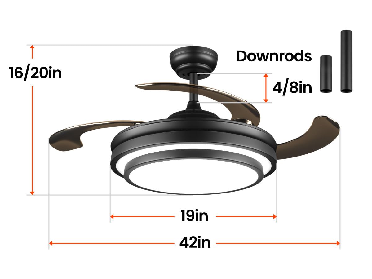 42 Inch Black Modern Ceiling Fan with Lights and Remote Control - 6 Speed Dimmable LED Smart Fandelier, Silent Reversible Blades, APP/WiFi Control for Bedroom, Kitchen, Living Room, Office - Energy Efficient Cooling & Stylish Home Decor