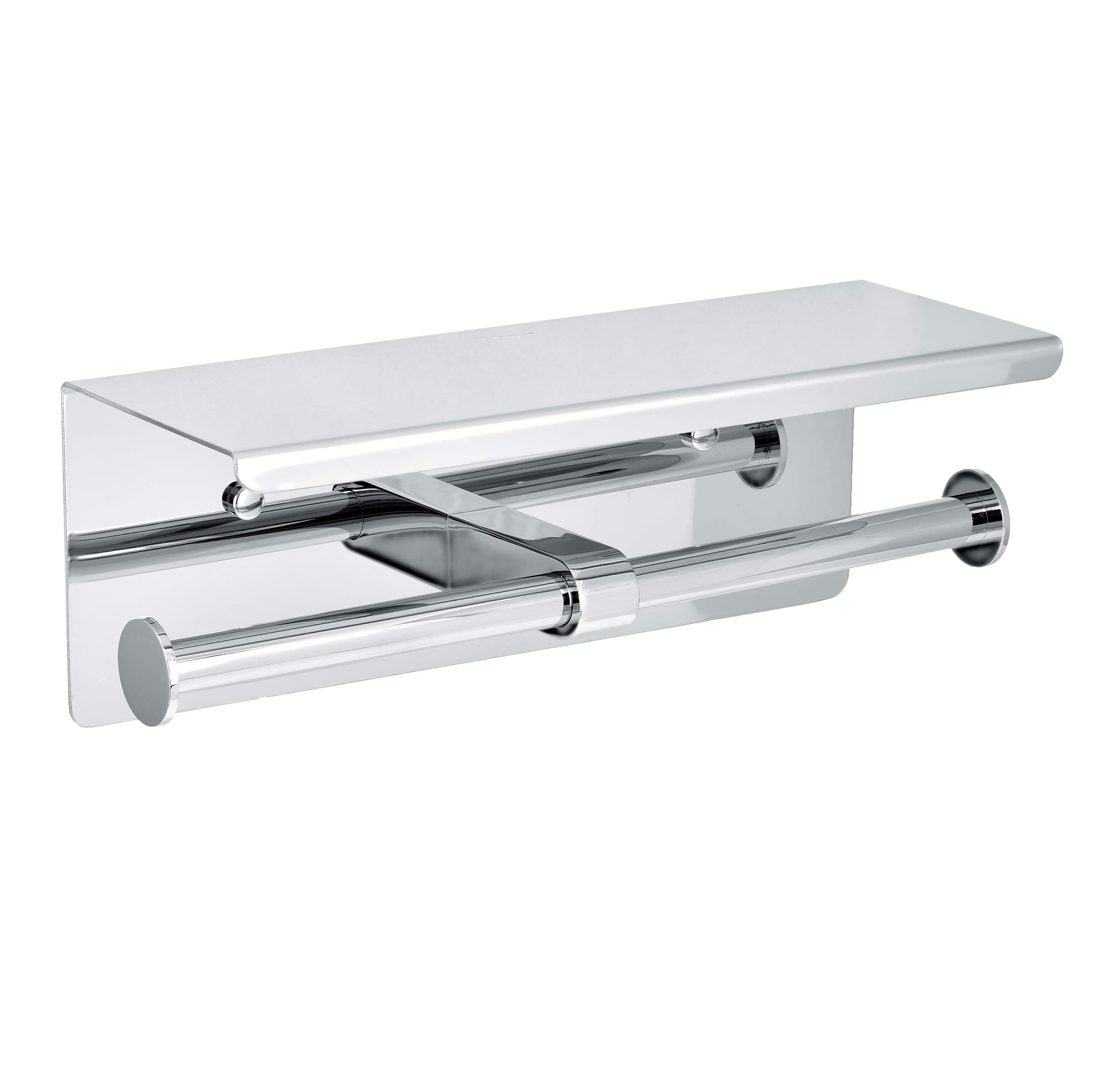 Alpine Industries Double Toilet Paper Holder with Shelf - Wall Mounted Bathroom Tissue Dispenser | Brushed Chrome Finish | Perfect for Small Bathrooms & Powder Rooms | Space Saving Storage Solution