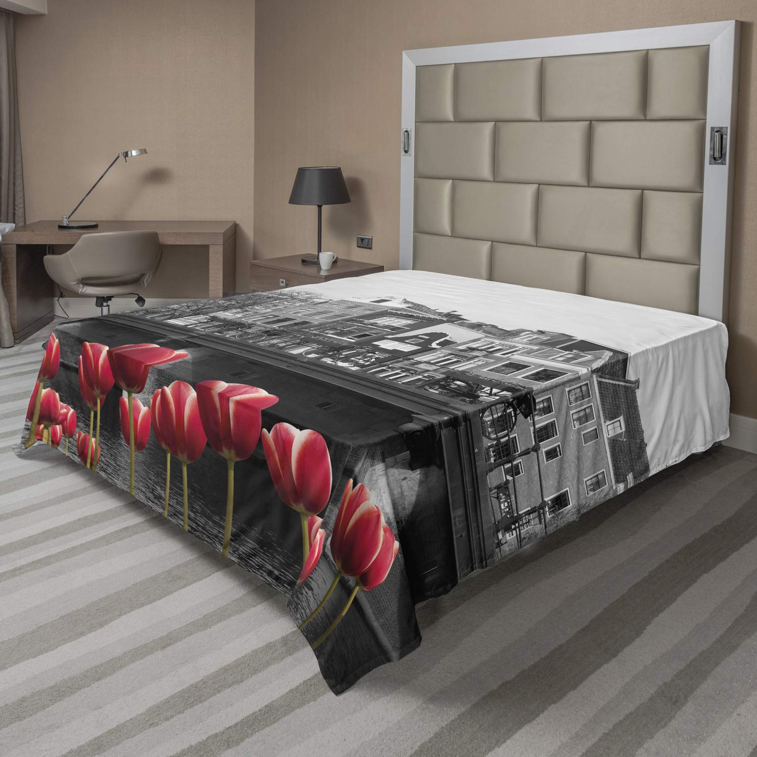 Ambesonne Queen Size Black & White Flat Sheet - Monochrome Amsterdam Canal Photo with Red Tulips & Houses - Soft Decorative Bedding for Comfortable Sleep | Perfect for Guest Rooms, Dorm Decor & Modern Home Styling