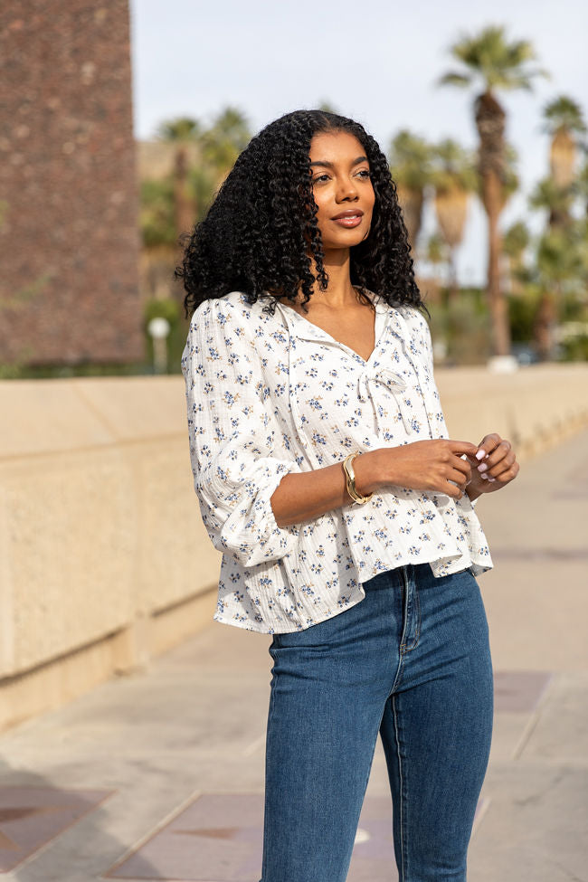Elegant Ivory & Blue Bow Detail Floral Blouse for Women | Romantic Spring Summer Top | Perfect for Date Night, Office Wear & Special Occasions