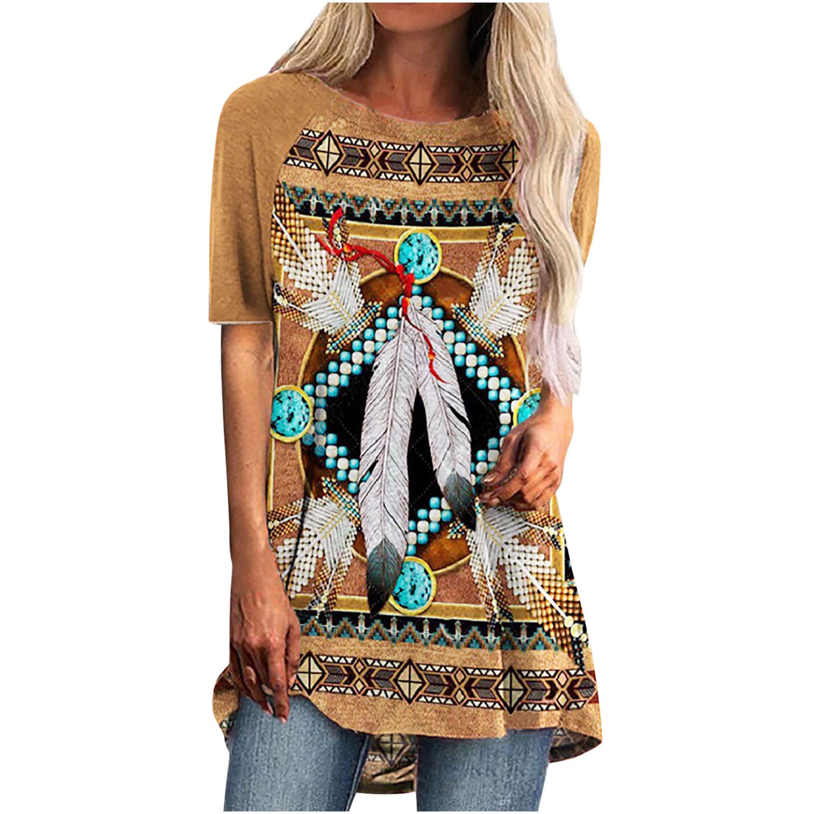 Women's Summer Tops - Short Sleeve Flowy Blouse with Round Neck & Vintage Ethnic Print - Casual Loose Fit Dressy Shirt for Beach, Vacation & Everyday Wear