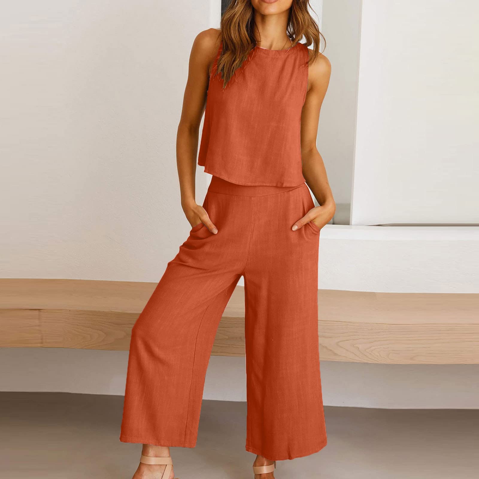 Women's 2-Piece Linen Outfit Set - Summer Crop Top & High Waist Wide Leg Capri Pants | Lounge Wear, Casual Matching Set for Beach, Vacation & Everyday Comfort