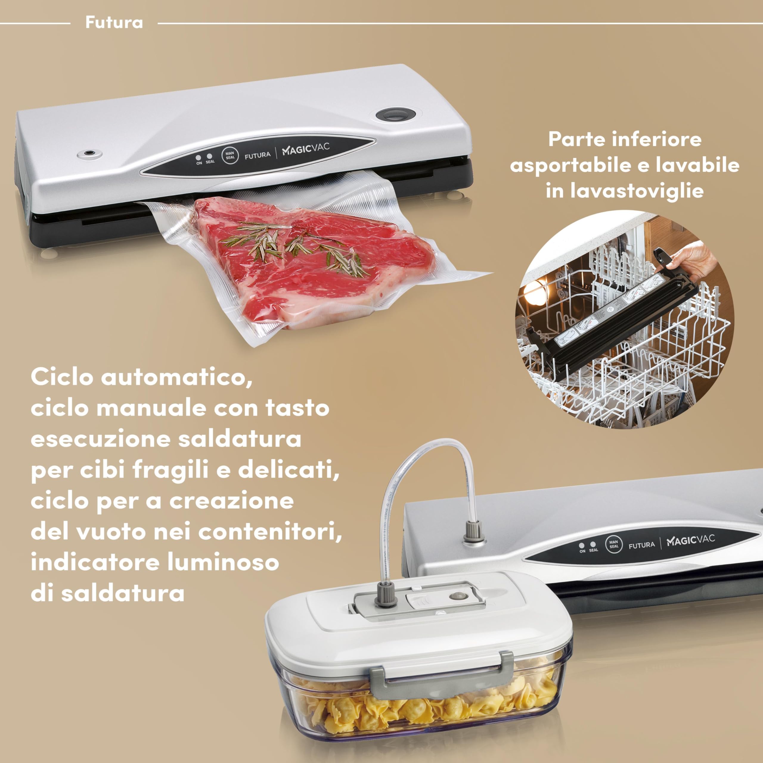 Magic Vac Futura Multifunction Food Vacuum Sealer Machine for Vacuum Bags & Containers - Includes Vacuum Sealing Kit, Patented Technology, Made in Italy (Silver-Black) - Perfect for Meal Prep, Sous Vide & Food Storage