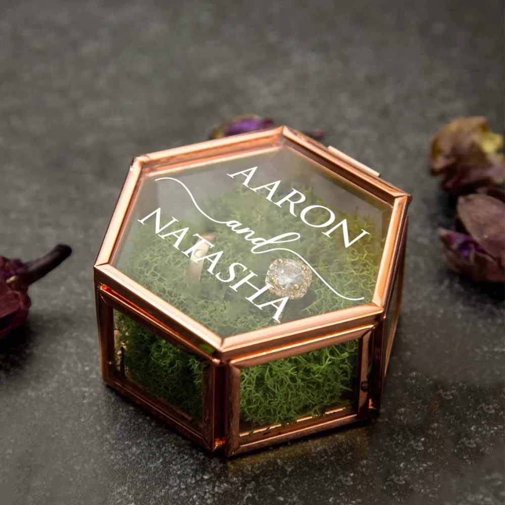 Custom Hexagon Glass Ring Box with Moss - Personalized Name & Initials Jewelry Holder for Wedding, Engagement, Proposal - Romantic Ring Bearer Gift Box for Ceremonies & Special Occasions