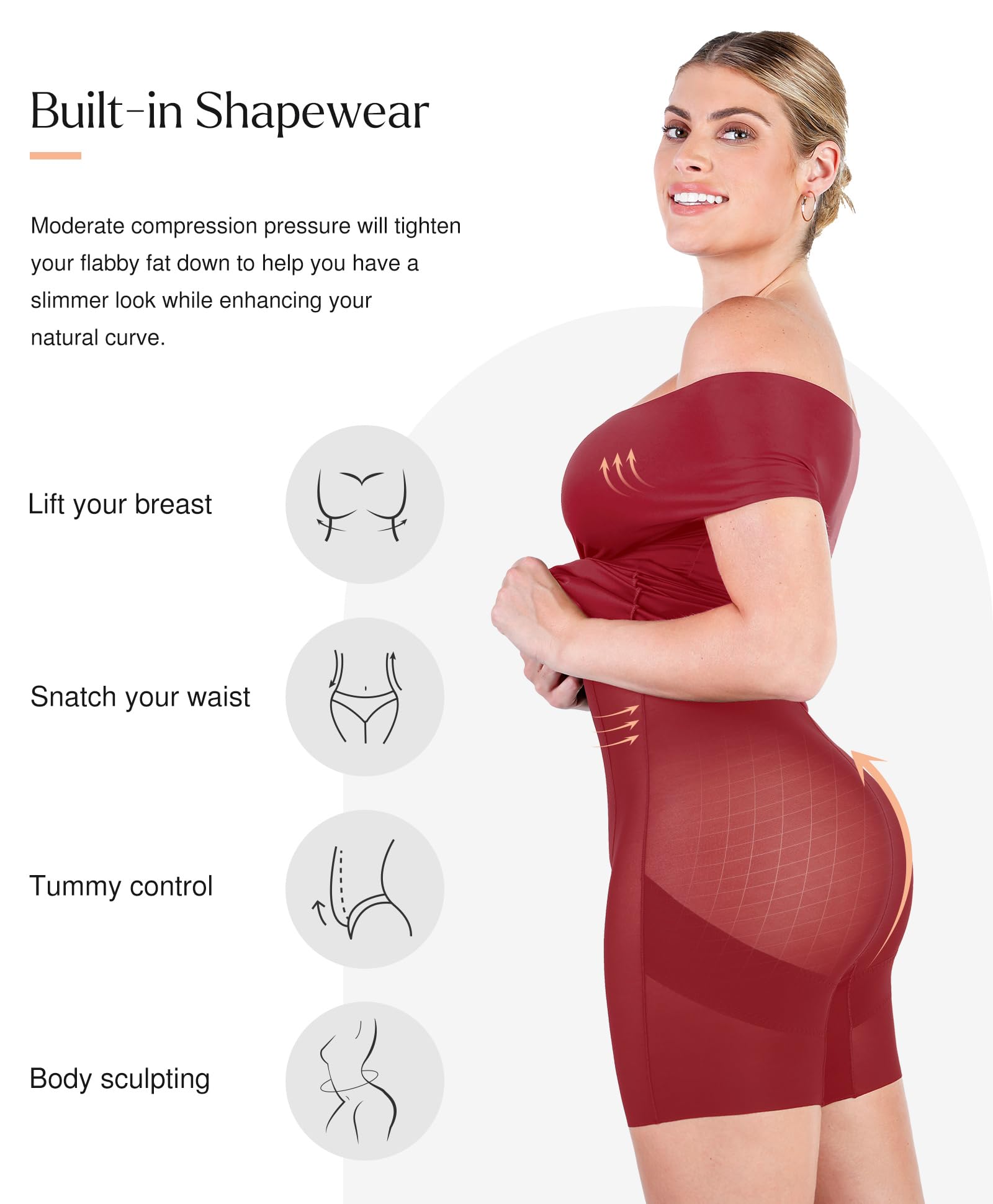 Popilush Women's Off Shoulder Cocktail Dress with Tummy Control Shapewear - Wrap V-Neck Midi Dress for Wedding Guest, Party & Formal Occasions
