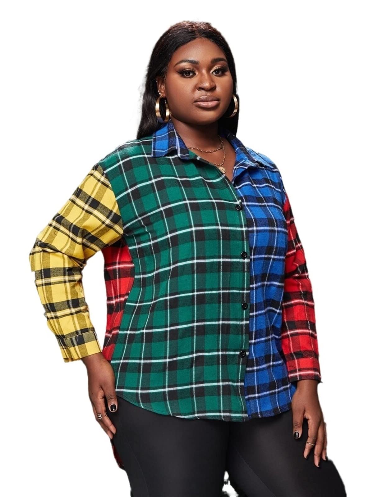 TINMIIR Women's Plus Size Plaid Colorblock Drop Shoulder Blouse - Slim Fit Lapel Button Down Shirt Top (Oversized) for Work, Office & Casual Outfits