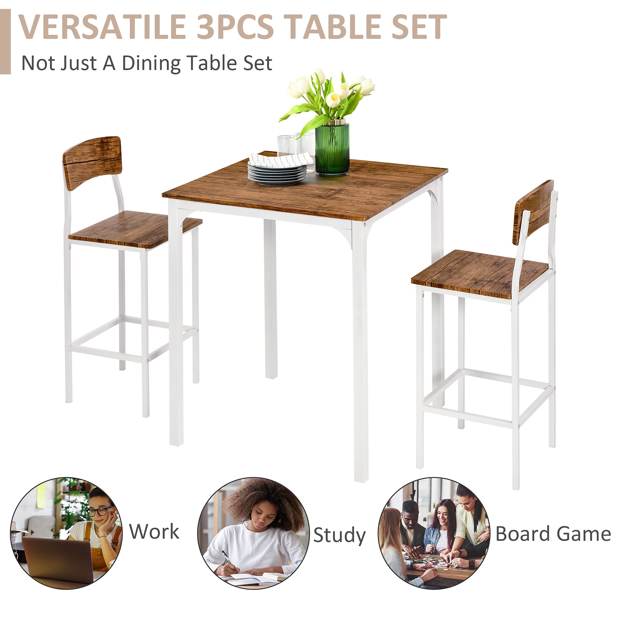 HOMCOM 3-Piece Counter Height Bar Table and Chairs Set, Industrial Style Small Dining Table Set for 2, Square Kitchen Table with Stools, Steel Frame in Walnut & White - Perfect for Small Spaces, Breakfast Nooks, and Modern Apartments