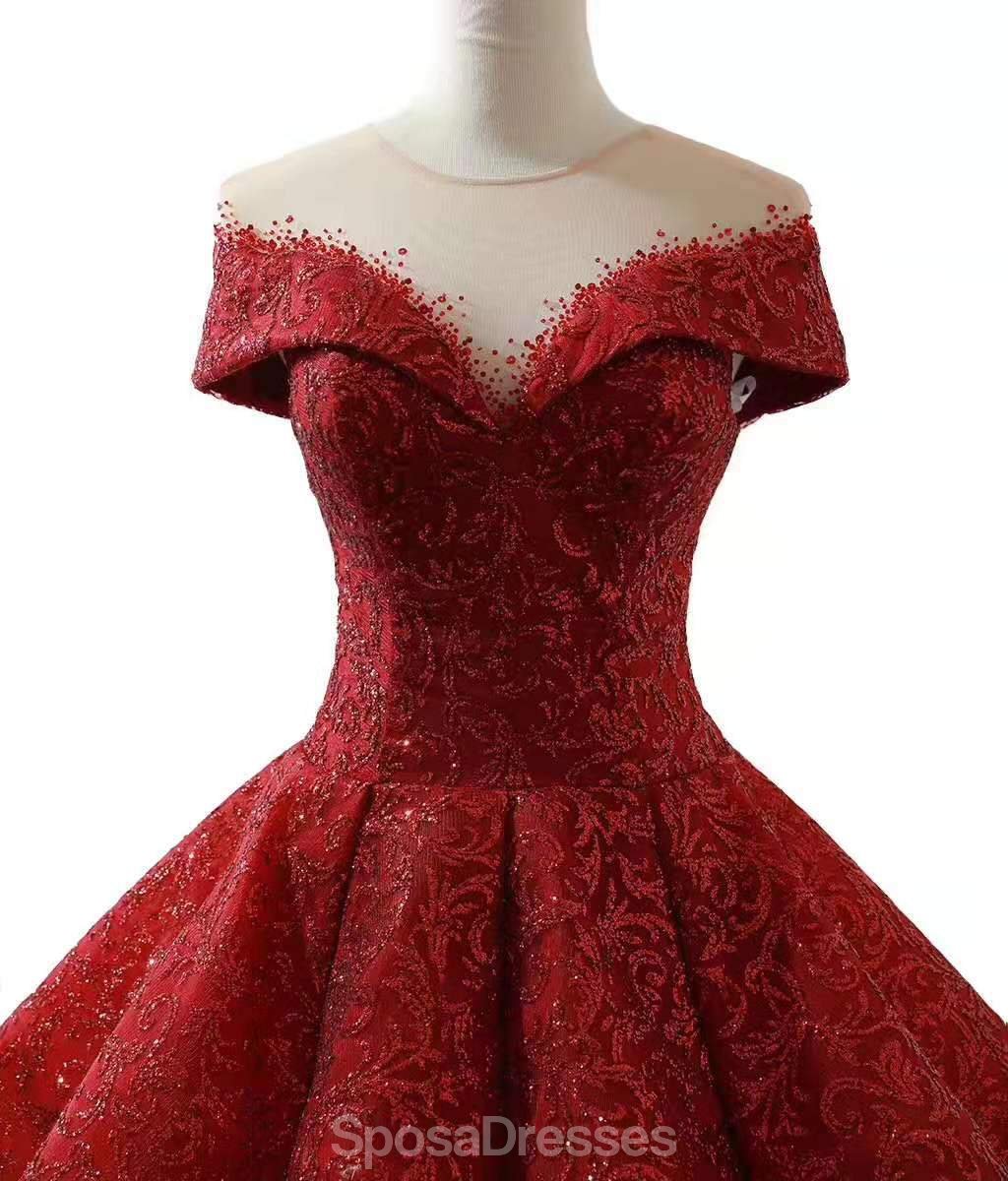 Elegant Dark Red Jewel Neckline Off Shoulder Ball Gown Long Evening Prom Dress for Women - Formal Party, Homecoming, Wedding Guest, Special Occasions