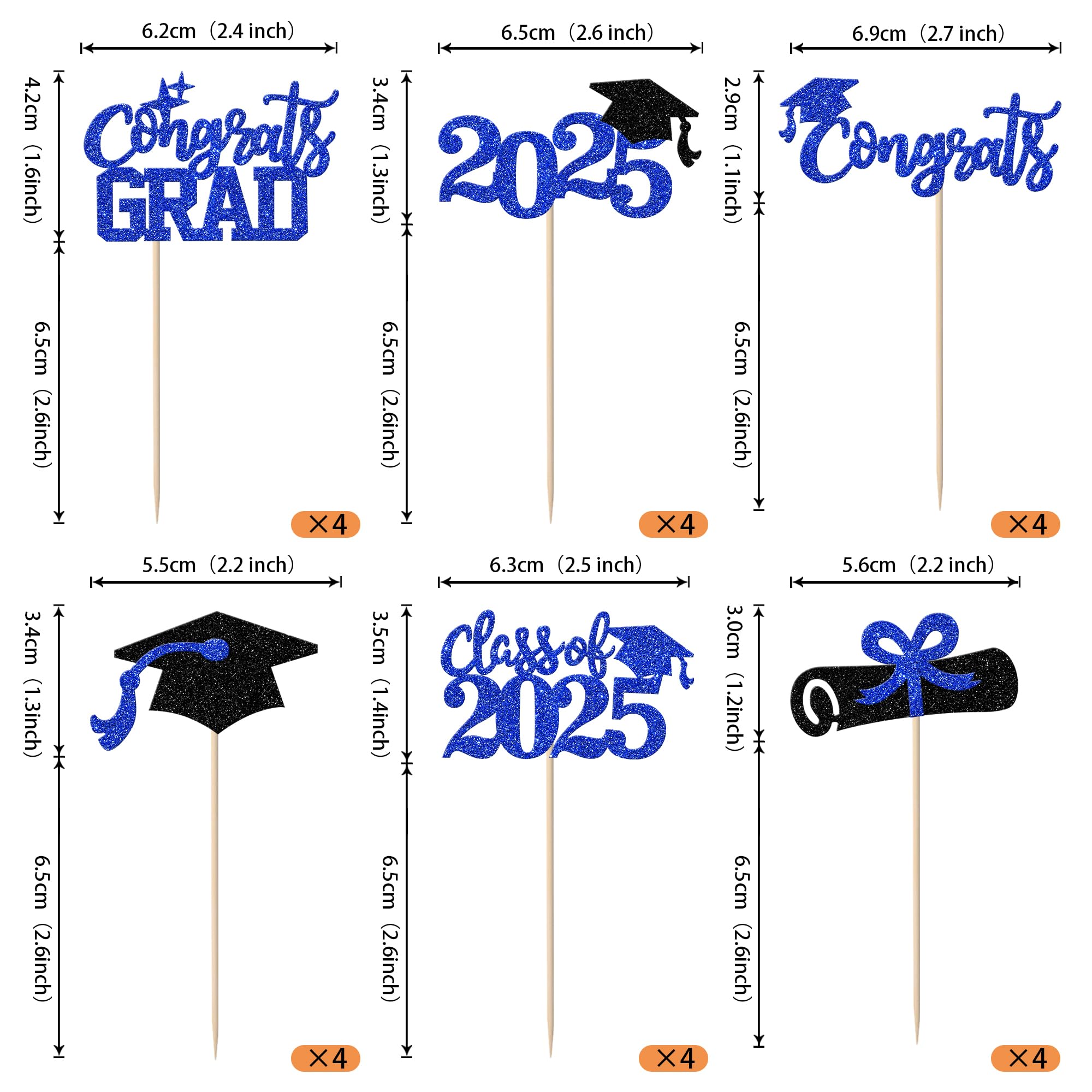 Rsstarxi 24 Pack Class of 2025 Graduation Cupcake Toppers - Glitter 2025 Grad Diploma Cap Cake Decorations for Graduation Party Supplies (Blue & Black) - Perfect for High School, College Graduation Celebrations & Cake Decorating