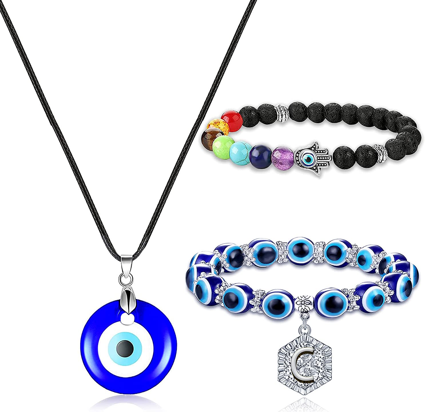 Evil Eye Necklace & Initial Bracelet Set - 3 PCS Chakra Stone Beaded Jewelry for Women | Protection Charm, Spiritual Gift, Birthday Present for Her | Perfect for Meditation, Yoga & Everyday Wear