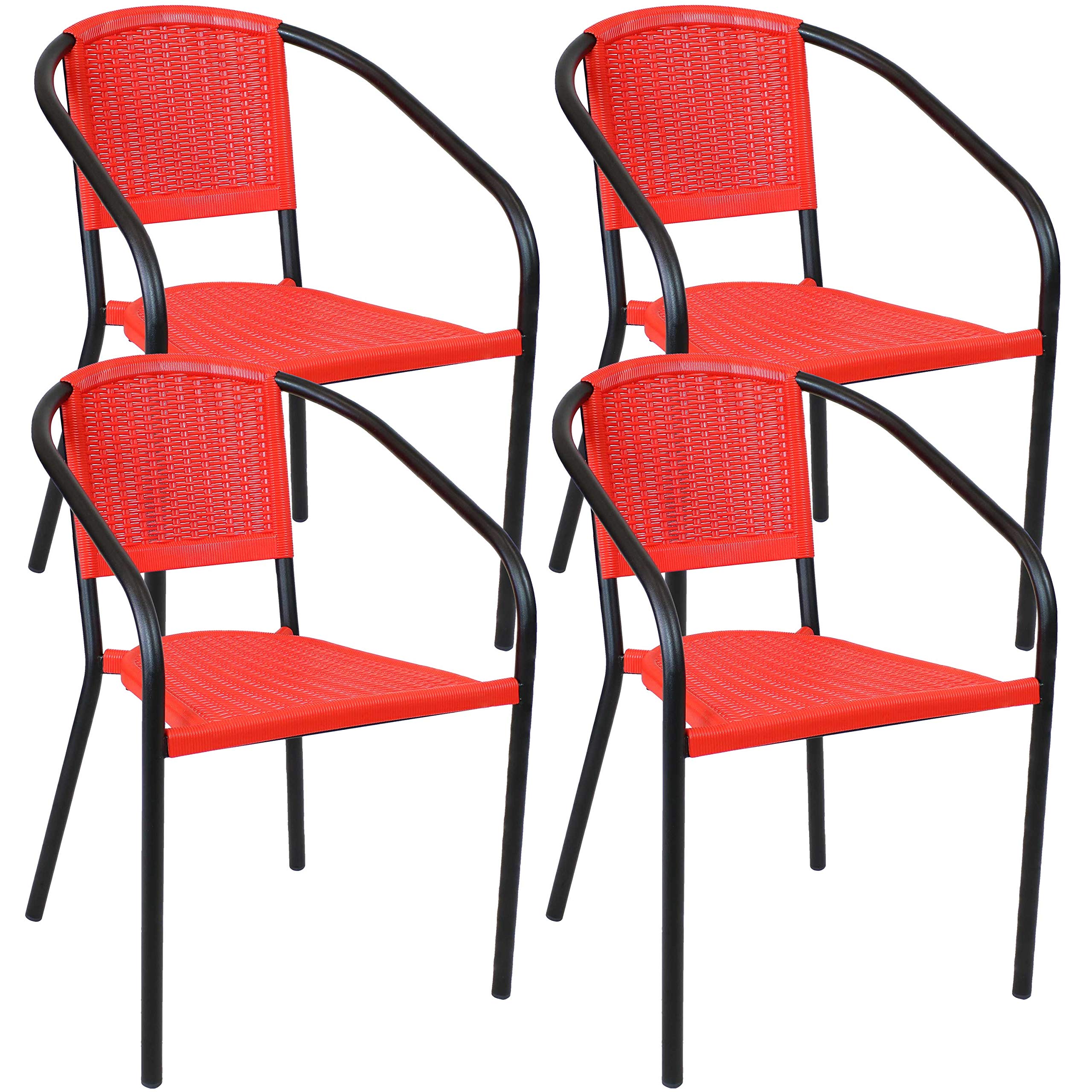 Sunnydaze Aderes 4-Piece Steel Frame Plastic Patio Arm Chair Set - Outdoor Furniture for Porch, Deck, Balcony, Lawn, Backyard, Garden & Sunroom - Black Frame with Red Seat - Perfect for Relaxing, Entertaining & Outdoor Dining