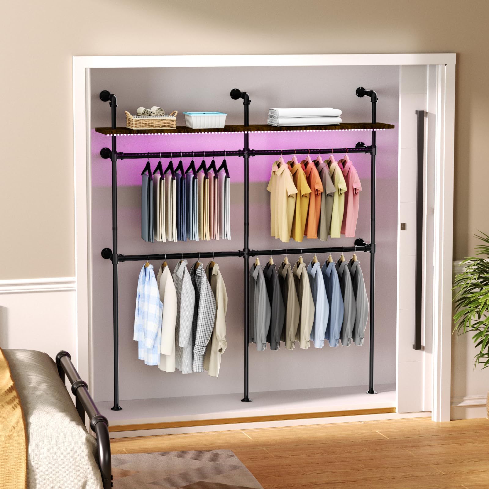 ROOMTEC Heavy Duty Industrial Pipe Clothing Rack - Wall Mounted Garment Rack with LED Lights & Shelves, Walk-in Closet System for Home, Office, or Retail Store Organization