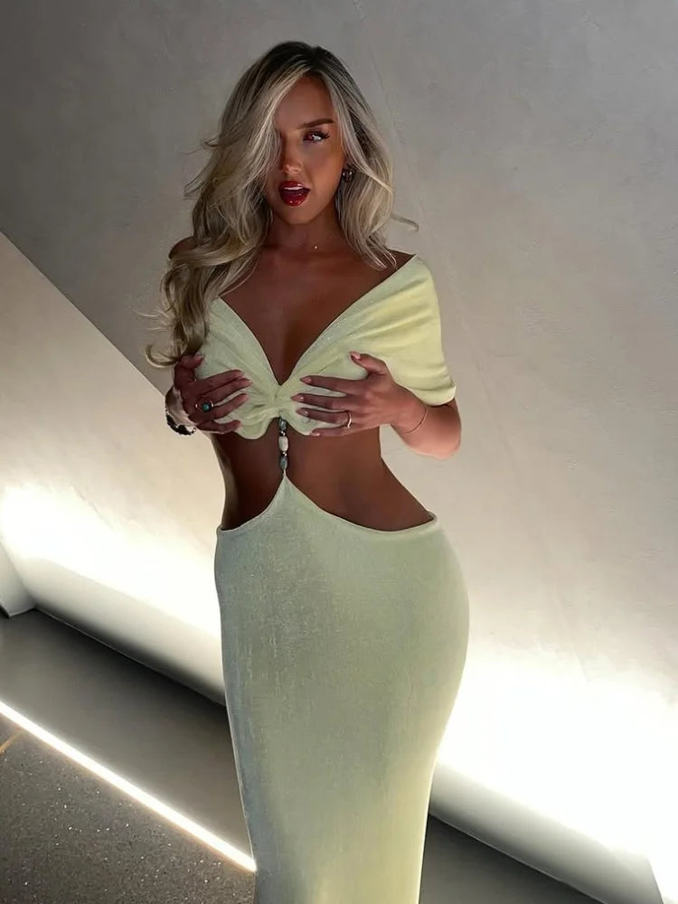 Elegant V-Neck Pleated Yellow Maxi Dress for Women - Slim Fit High Waist Summer Beach Dress | Perfect for Vacation, Holiday Parties & Casual Outings