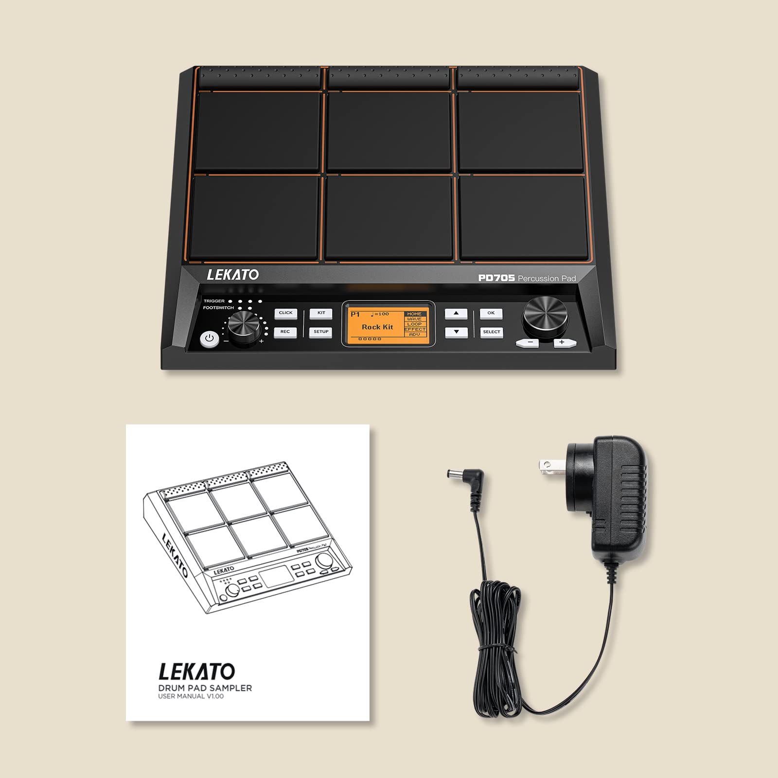 LEKATO 9-Pad Electronic Drum Pad with 592+ Sounds - Velocity-Sensitive Percussion Sample Pad with MIDI Out, USB MIDI, AUX, Looper & Metronome - Perfect for Home Studio Recording, Live Performances & Drum Practice