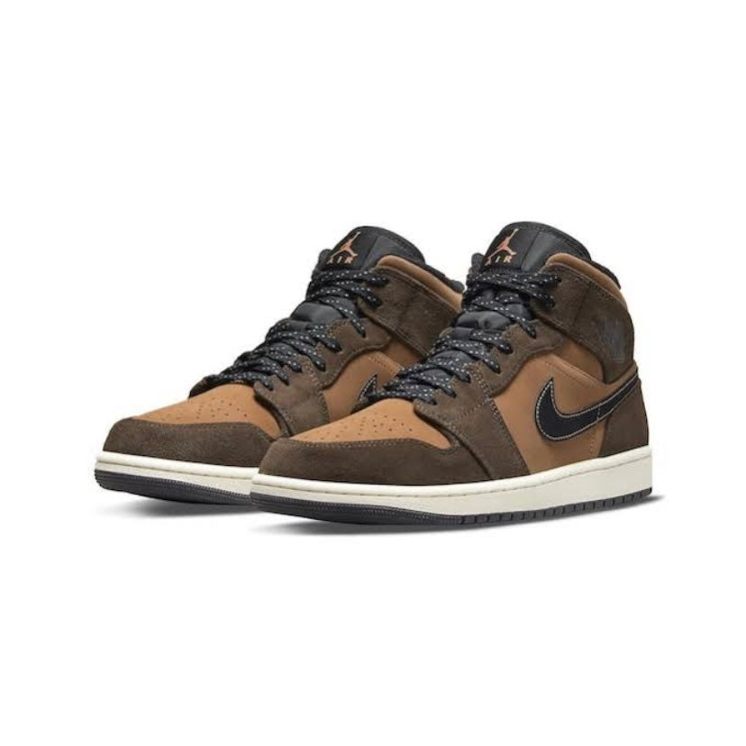 Air Jordan 1 Mid Sneakers - Dark Chocolate & Mocha Colorway with Crimson Bliss Accents | Men's Basketball Shoes for Casual Wear & Street Style
