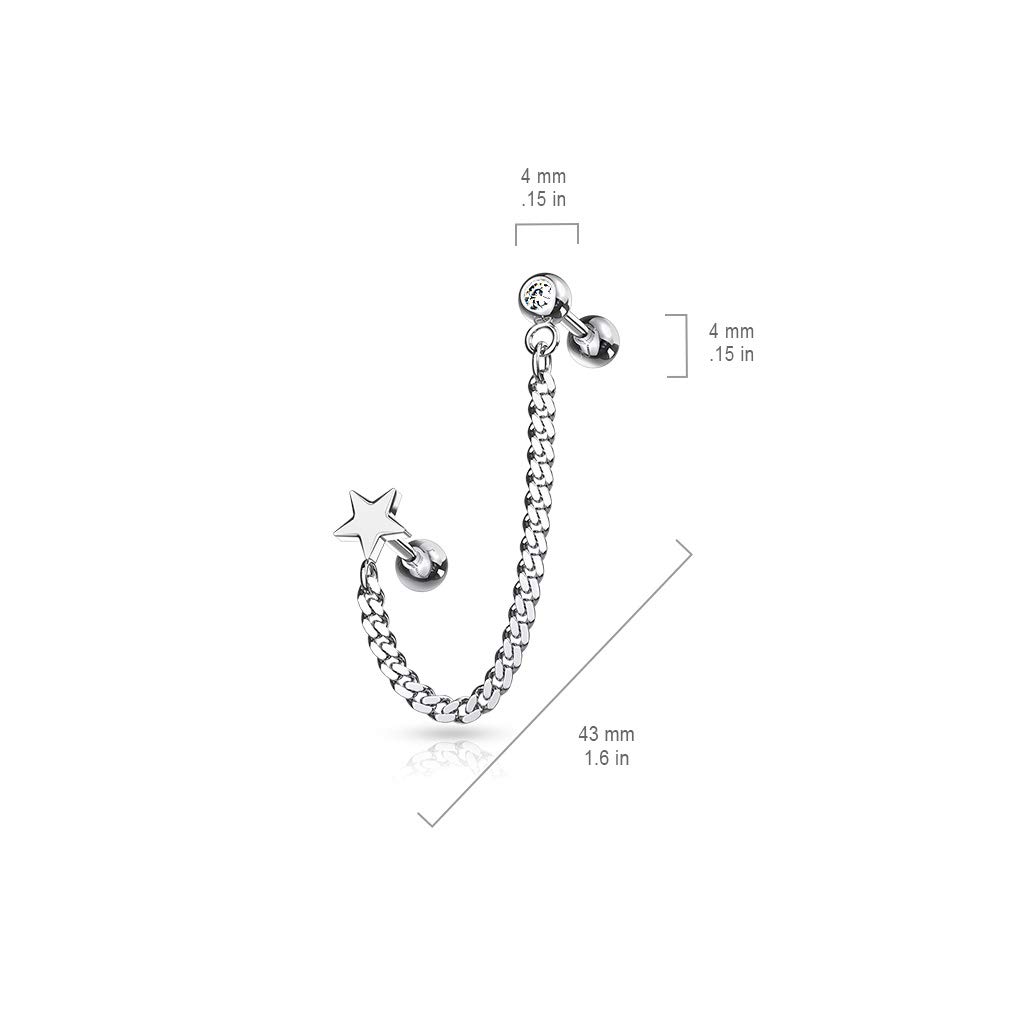 316L Stainless Steel Cartilage Helix Earring Barbell with Connecting Chain - 16GA Body Jewelry for Pierced Owl Design - Perfect for Ear Lobe, Helix, and Cartilage Piercings