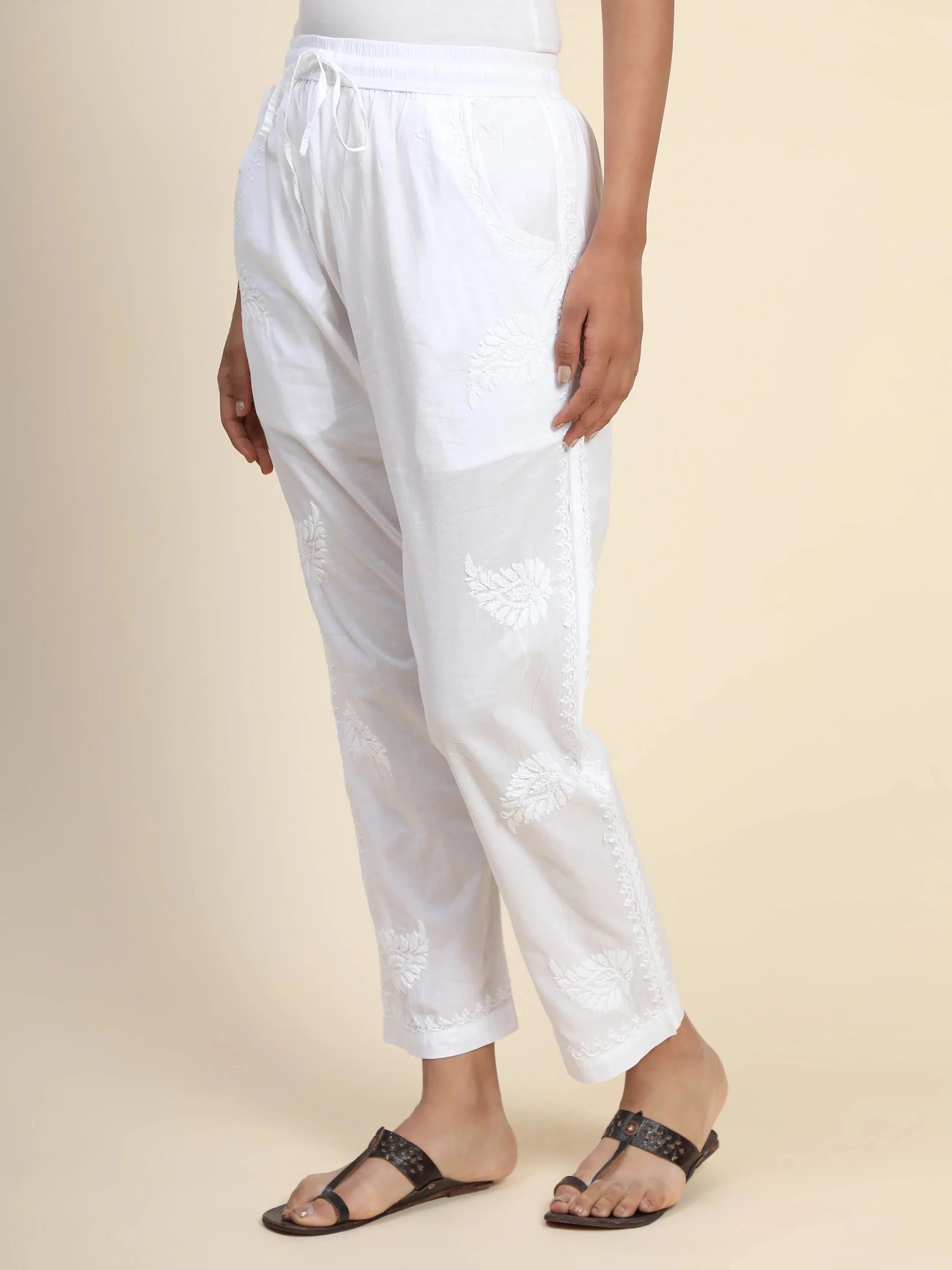 House of Kari Chikankari Embroidered Cotton White Relaxed Pants for Women - Comfortable Loungewear & Casual Wear for Summer, Yoga, and Travel
