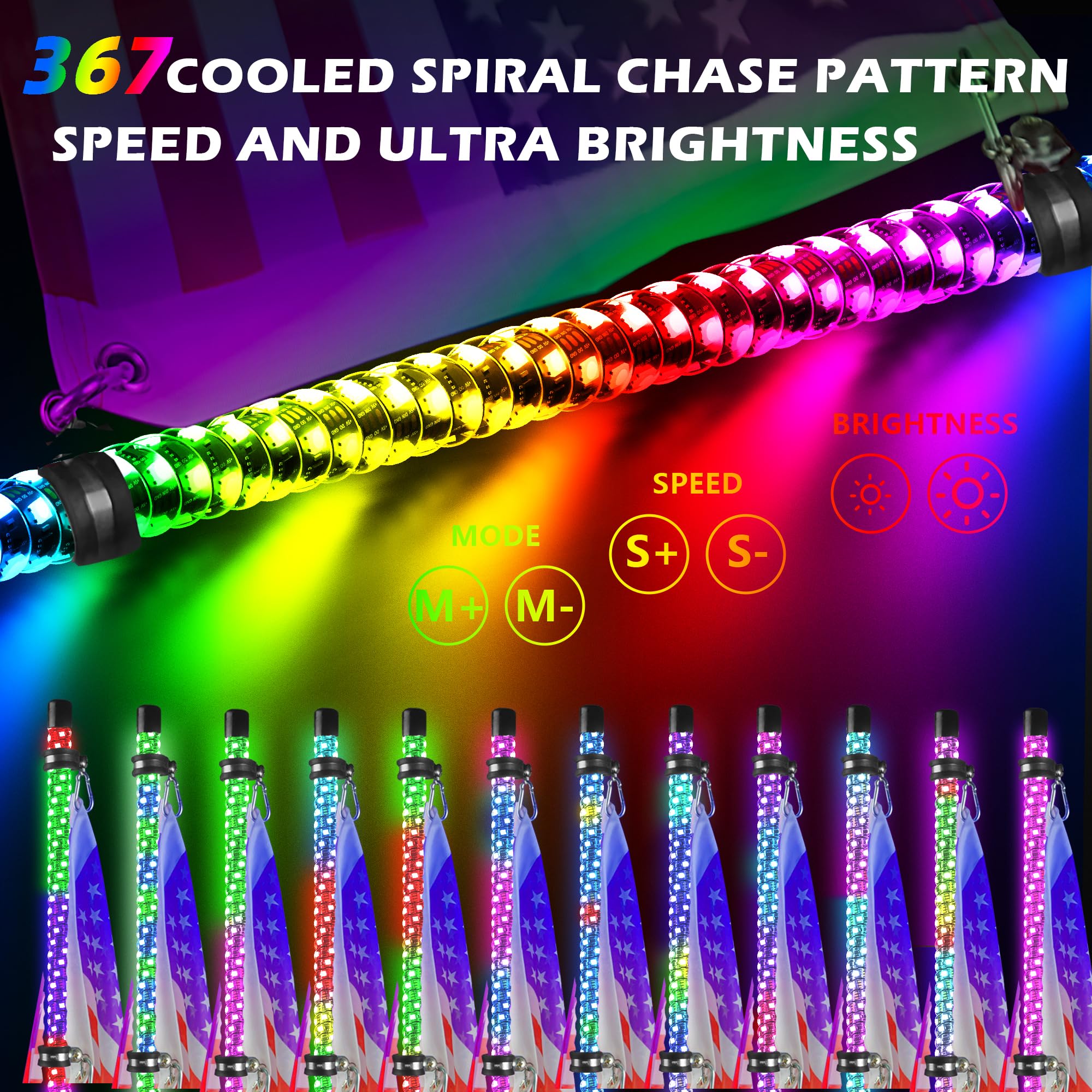 2-Piece 3FT LED Whip Lights with Spring Base - RGB Spiral Chase Lights with App & Remote Control for ATV, UTV, RZR, Truck, SXS - DIY Music Sync Lighting for Off-Road Adventures & Night Rides