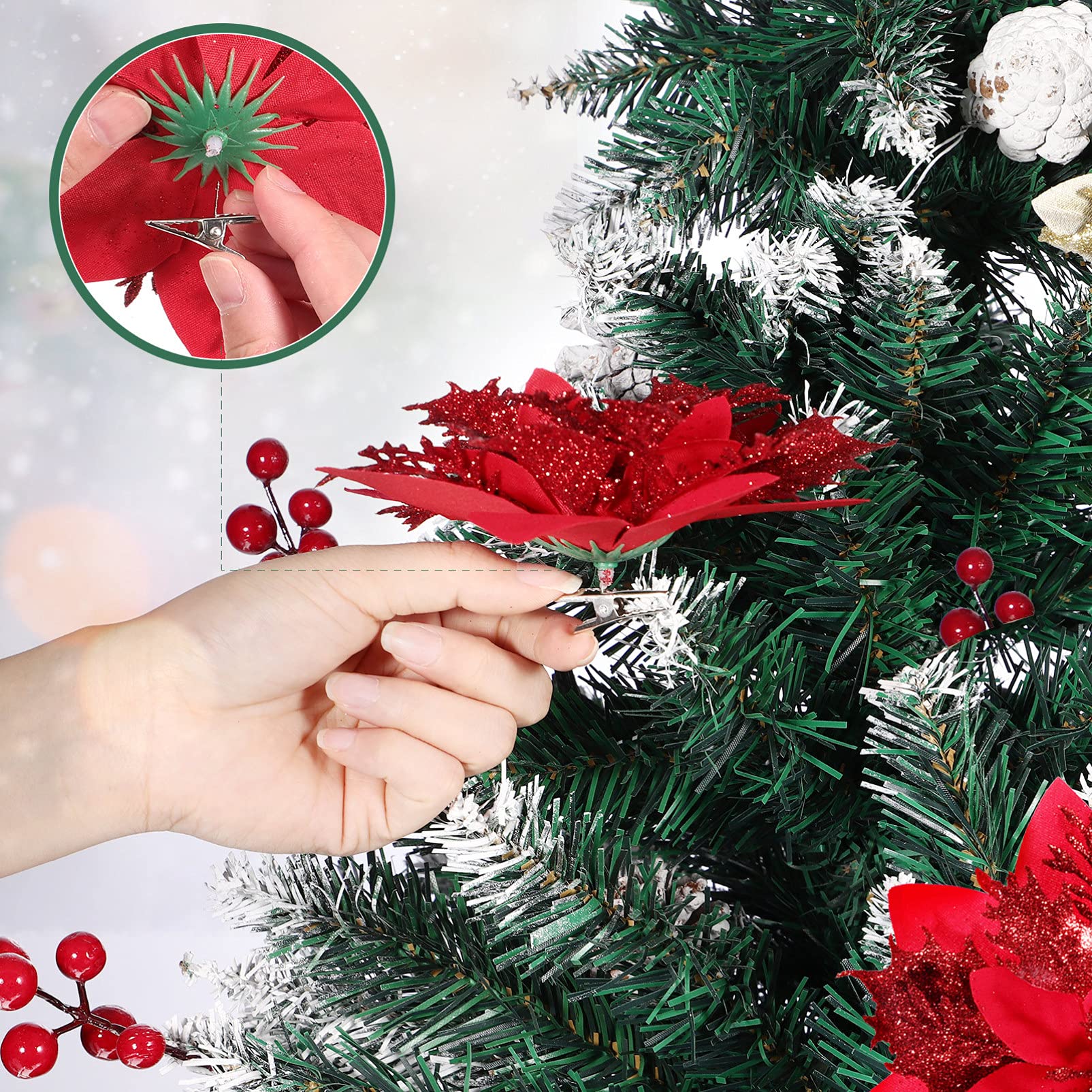 NUOBESTY 12-Piece Red Glitter Poinsettia Flowers Set - Artificial Christmas Tree Ornaments with Stems & Clips for Holiday Home Decor, Xmas Party & Festive Gift Wrapping