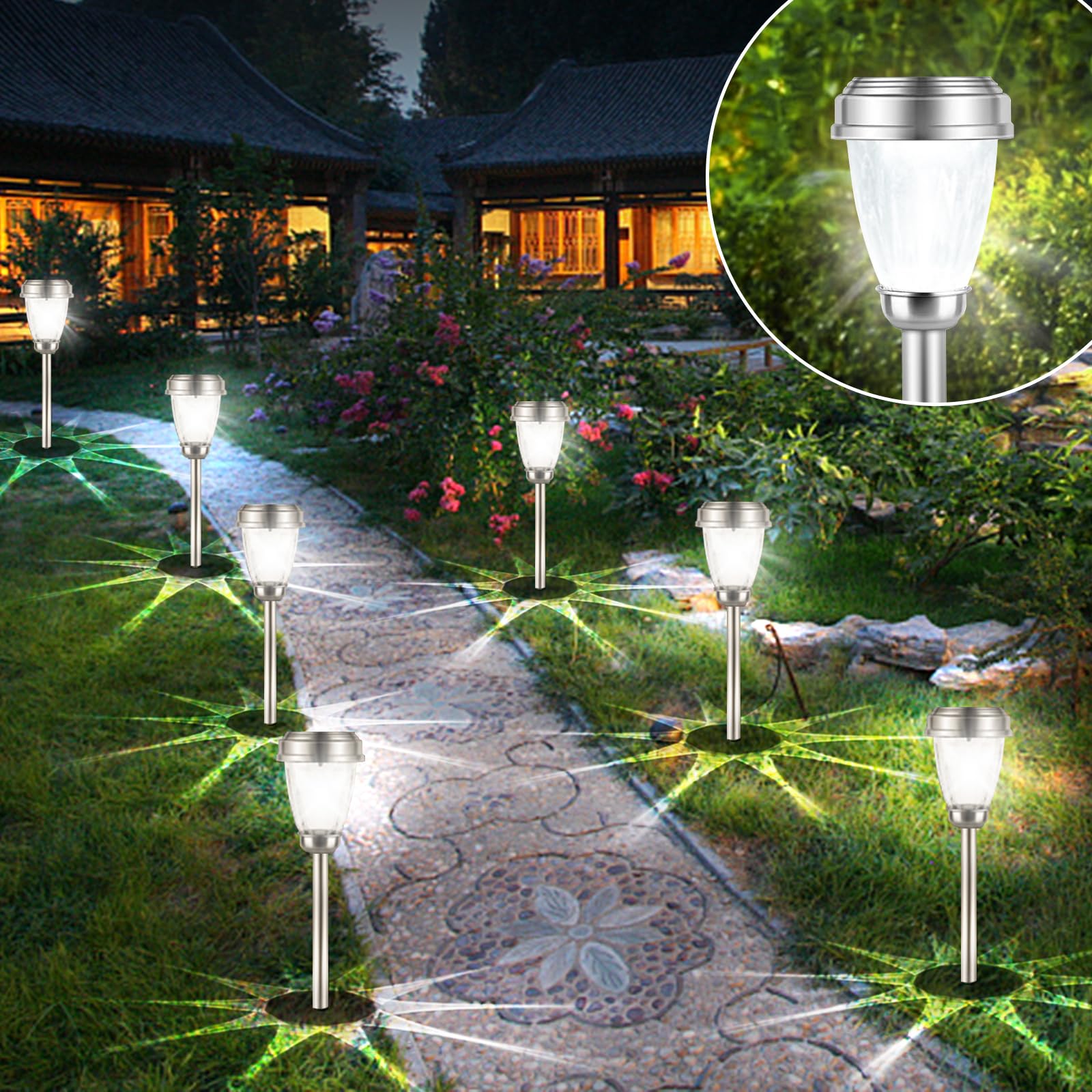 8 Pack INSOME Solar Pathway Lights - Waterproof Stainless Steel Outdoor Garden Lights for Lawn, Patio, Yard, Walkway & Driveway | Solar Powered Landscape Lighting for Nighttime Safety & Ambience
