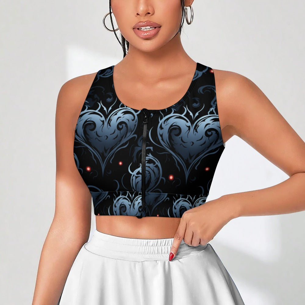 Gothic Blue Hearts Yoga Zipper Vest for Women - Stylish Workout Top with Unique Heart Design - Perfect for Yoga, Gym & Casual Wear