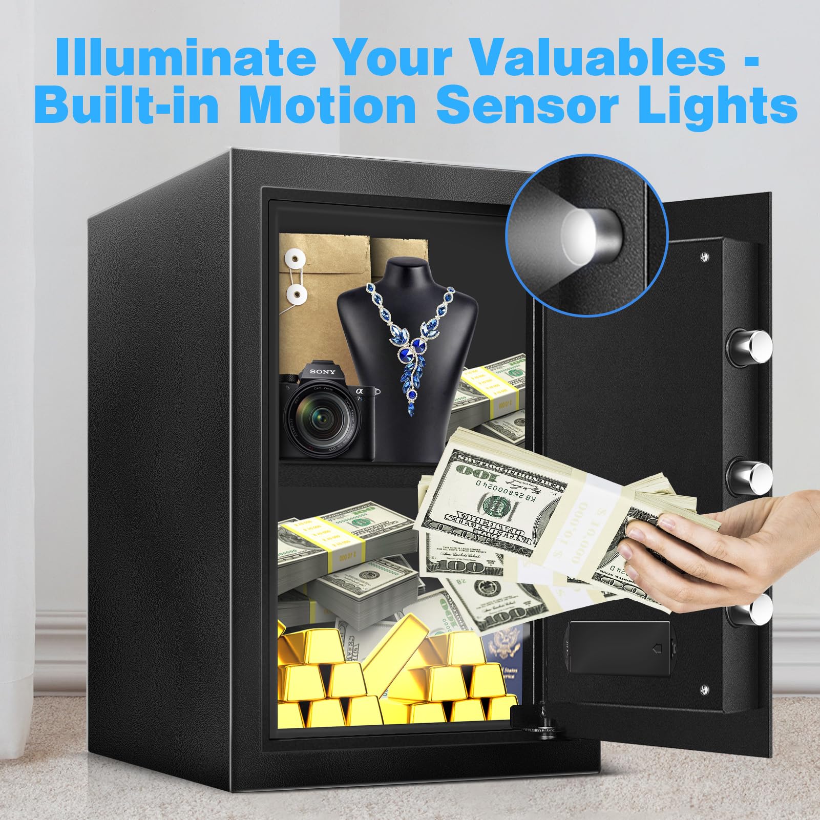 2.5 Cu Ft Fireproof Home Safe Box - Digital Security Safe with Adjustable Shelves, Smart Alarm System, Silent Keypad & Motion Sensor Lights - Ideal for Home, Office, Dormitory & Hotel Use - Protect Jewelry, Documents & Valuables