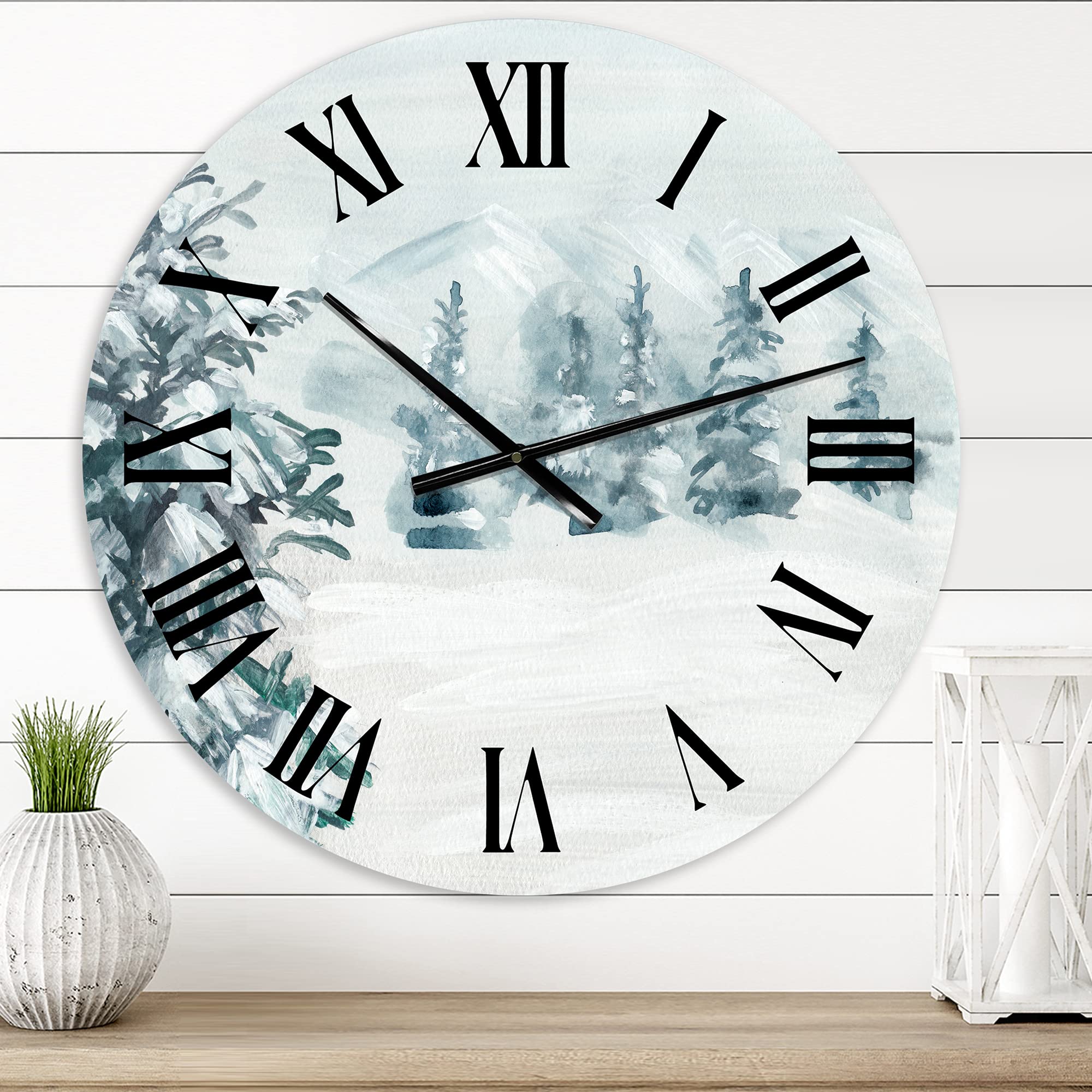 DesignQ Traditional Wall Clock 'Snowy Pine Trees' - Large Landscape Nature Wall Clock for Home, Office & Living Room Decor - Perfect for Farmhouse, Rustic & Modern Interiors