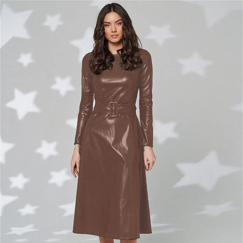 Stylish Faux Leather Belted Dress for Women - Slim Fit Long Sleeve PU Club Dress | Sexy Autumn Winter Outfit for Parties, Date Nights & Special Occasions