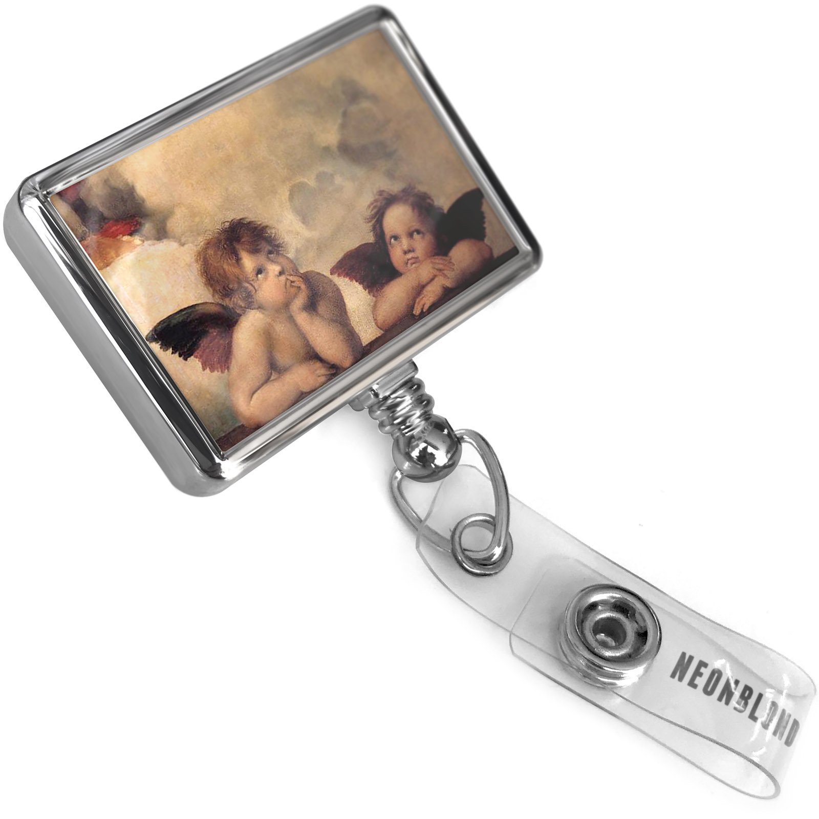 Retractable Plastic ID Badge Holder with Raphael Angel & Bulldog Design - Belt Clip On Reel for Work, School, and Events - Neonblond Brand