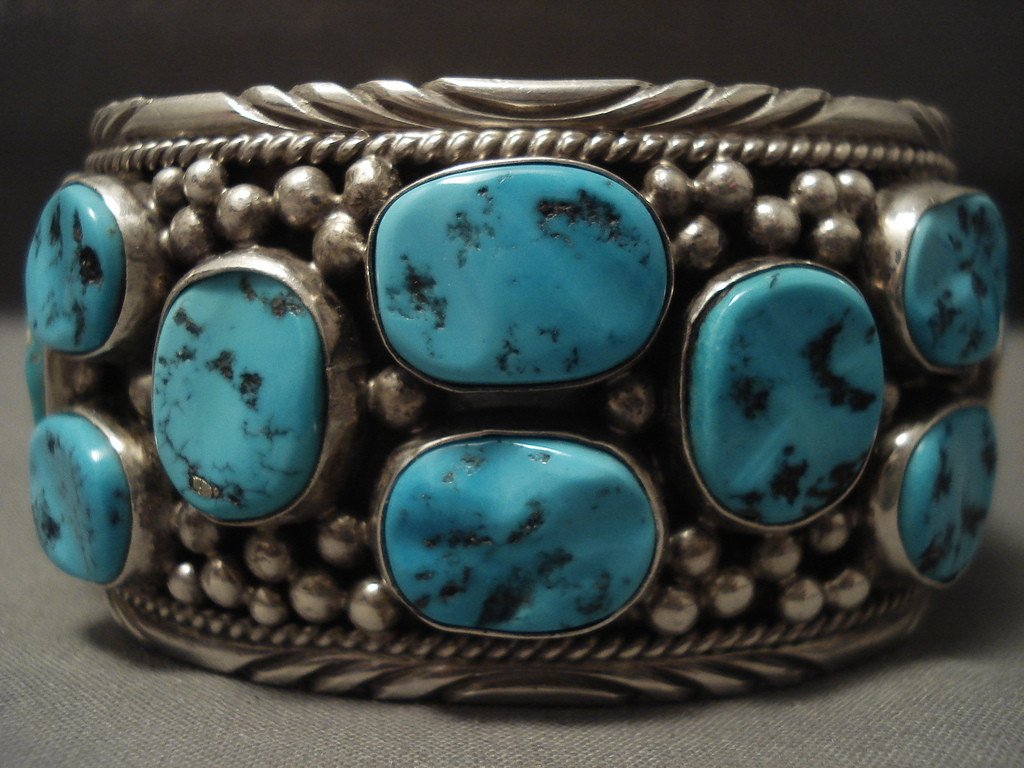 123 Gram Wide Natural Turquoise Vintage Navajo Native American Jewelry Sterling Silver Bracelet - Handmade Old Pawn Style for Boho Fashion & Southwest Style Outfits