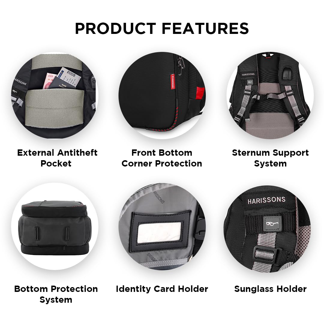 Harissons 45L Business Laptop Backpack for Men & Women - Waterproof Travel Backpack with USB Charging Port & Rain Cover - Perfect for Office, Commuting & Weekend Trips - Sirius Black Weekender Bag