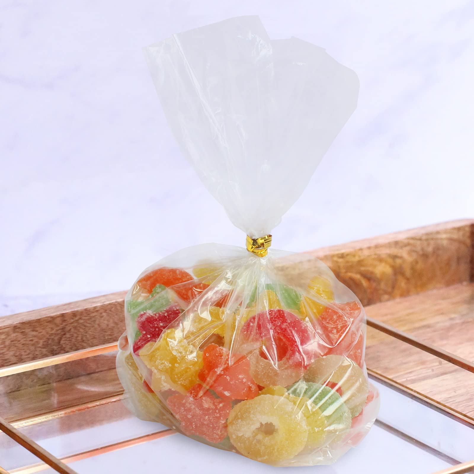 300 Pack 4” x 9” Clear Plastic Treat Bags with Side Gusset - Cookie Bags, Pastry Bags, Candy Bags - Includes Colorful Twist Ties - Perfect for Bakery, Party Favors, Wedding Treats & Gift Packaging (Translucent)