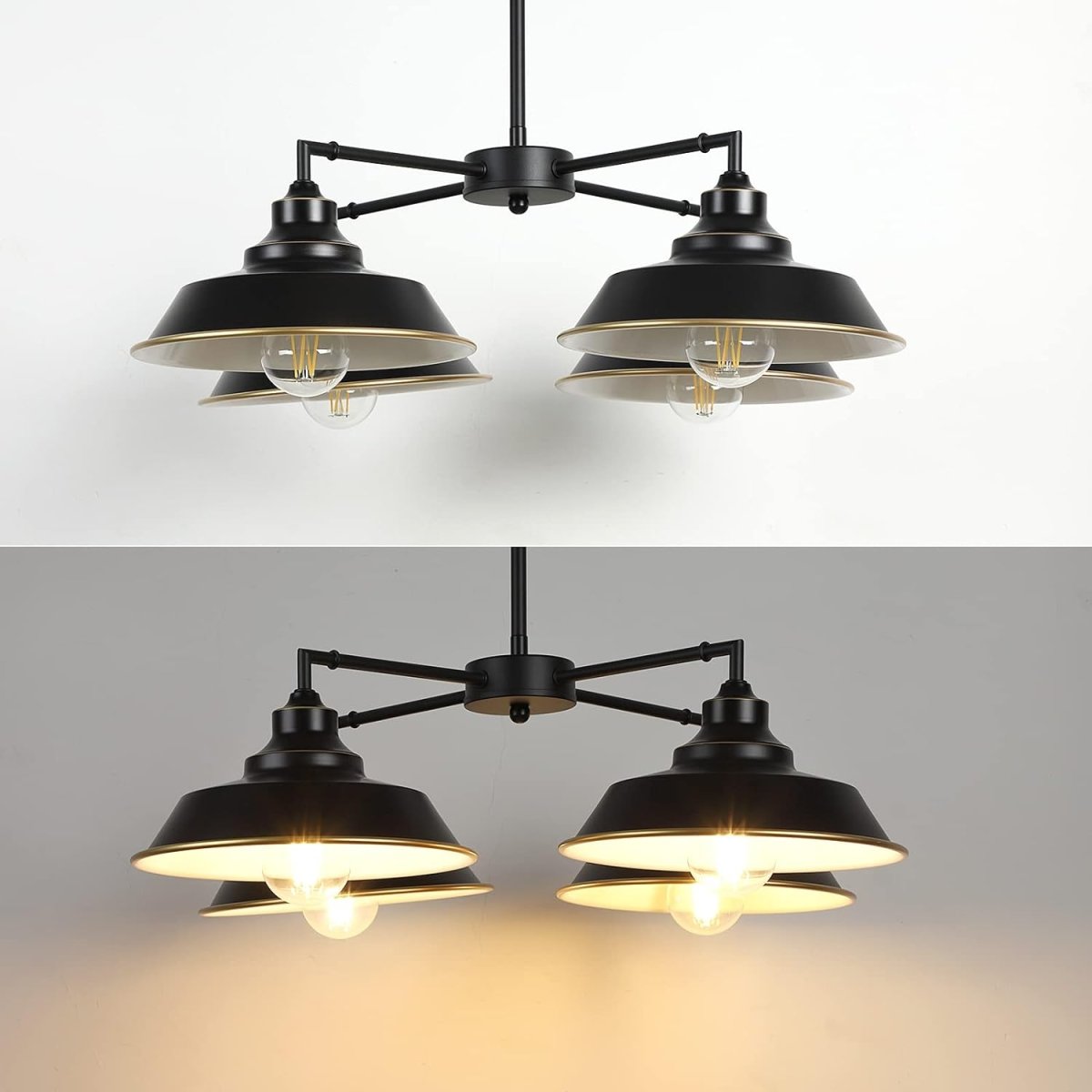 Depuley 4-Light Black Adjustable Chain Hanging Pendant Light - Farmhouse Kitchen Ceiling Lighting for Living Room, Dining Room, Entryway & Foyer with Gold Edge Accent - Perfect for Rustic, Industrial & Modern Home Decor