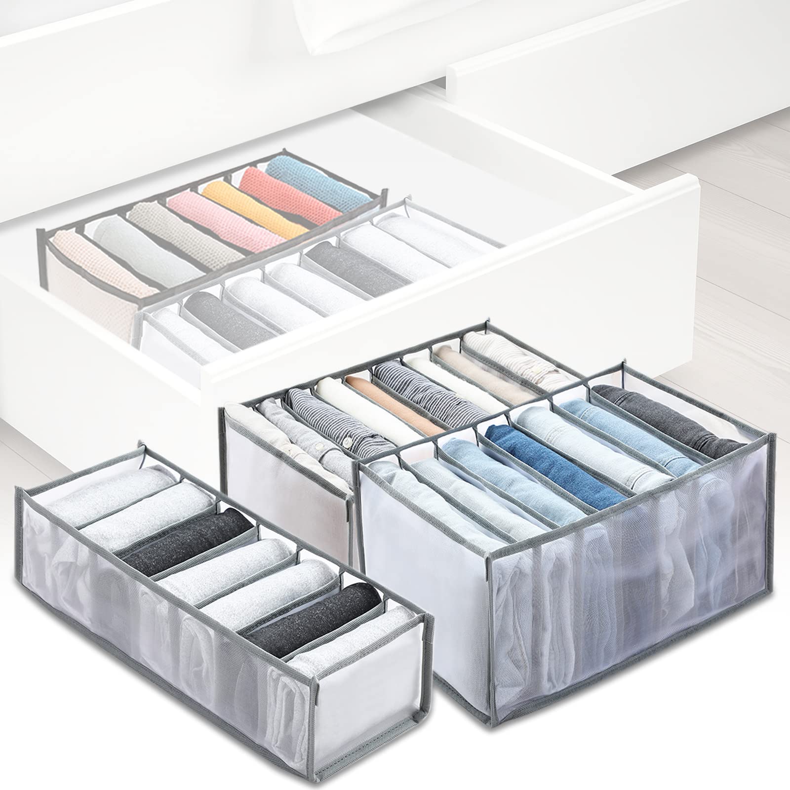 Evankin 3-Piece Wardrobe Closet Organizer Set - Nylon Mesh Drawer & Closet Storage Bins for Jeans, Leggings, Shirts (Grey) - Perfect for Bedroom, Closet & Travel Organization