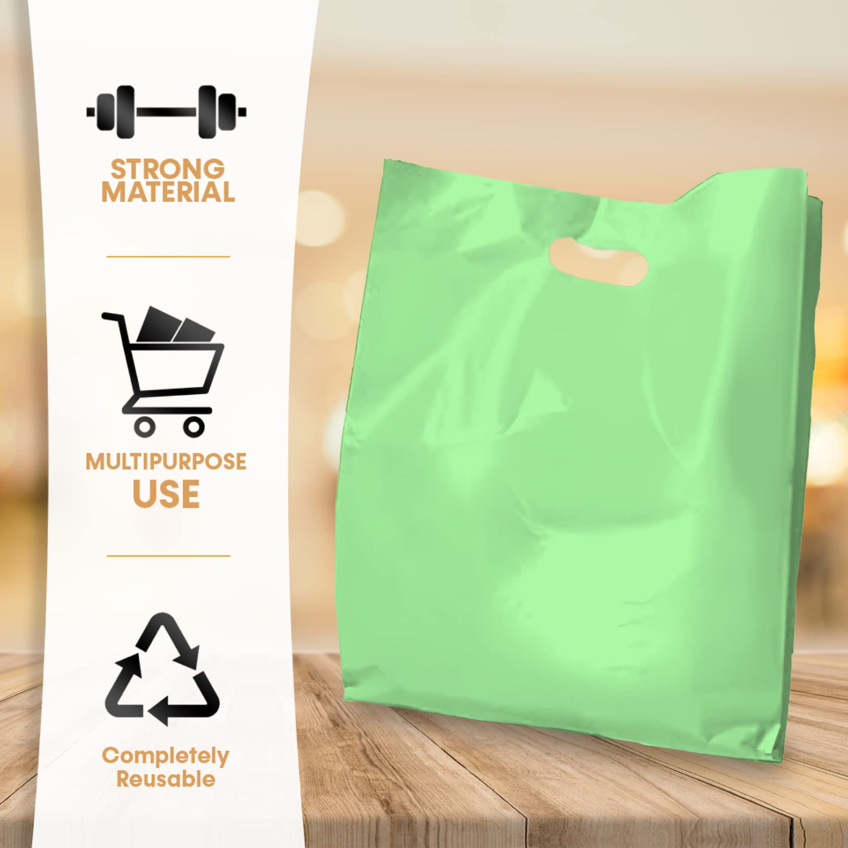 100 Green 15x18 Merchandise Bags with Die-Cut Handles & Gusset - Strong, Durable & Tear-Resistant Shopping Bags for Retail Stores, Boutiques & Events - Perfect for Gift Packaging, Promotional Giveaways & Trade Shows