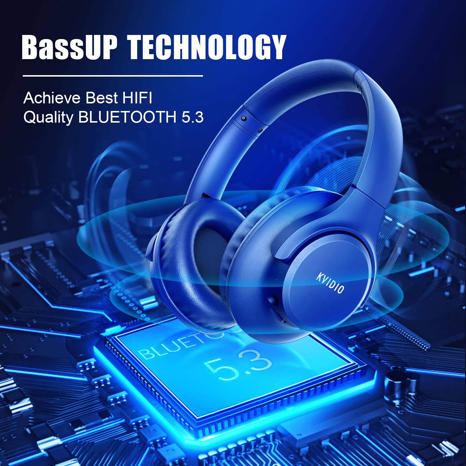 KVIDIO Bluetooth Over-Ear Headphones - 65H Playtime, Built-in Mic, Foldable & Lightweight with Deep Bass & HiFi Stereo Sound for Travel, Work, Gaming, PC & Smartphones (Blue) | Perfect for Commuting, Office Use & Entertainment
