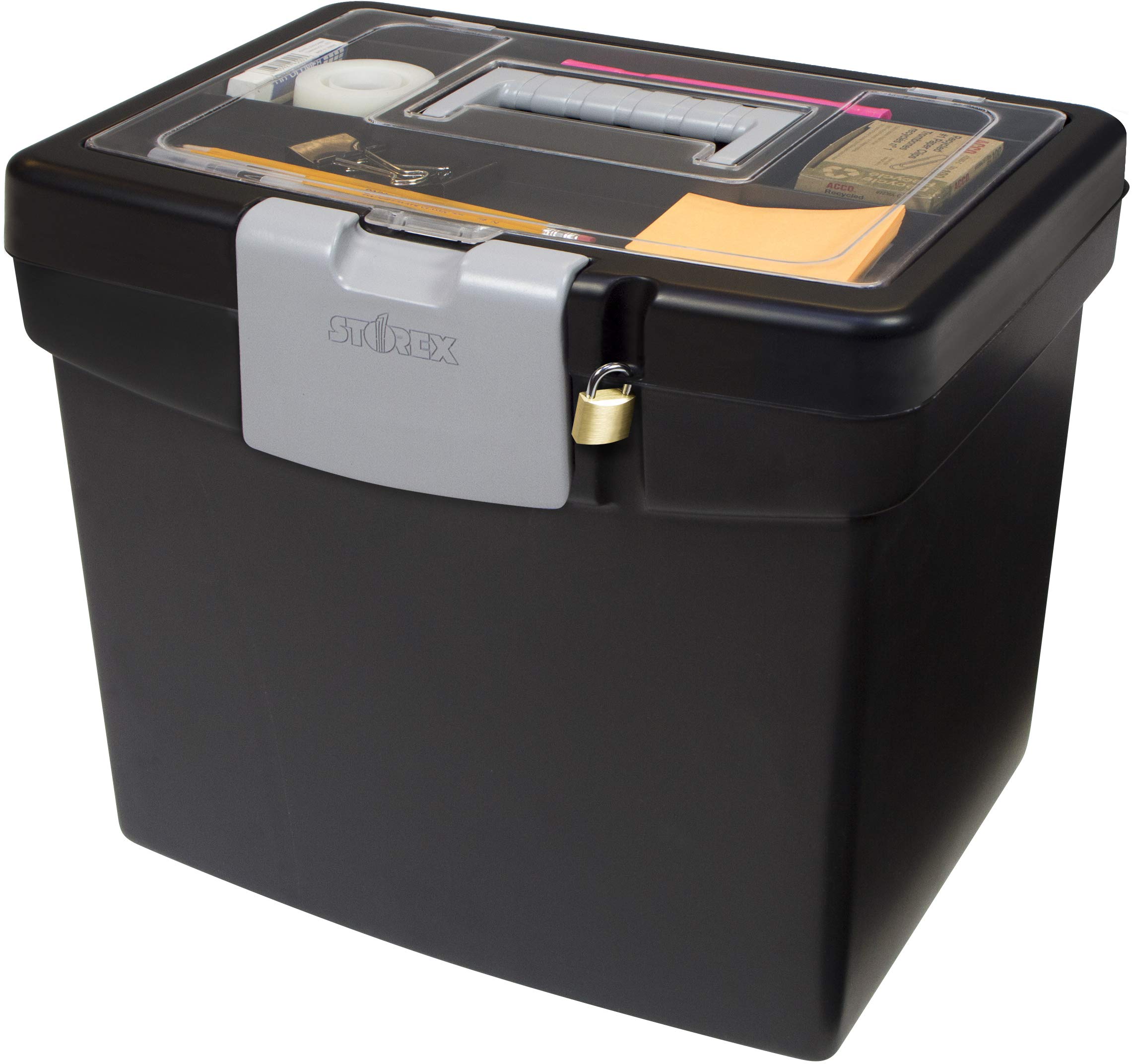 Storex File Storage Box with Translucent Lid - 2-Pack Black Plastic Organizer for Office, School, or Home Document Storage