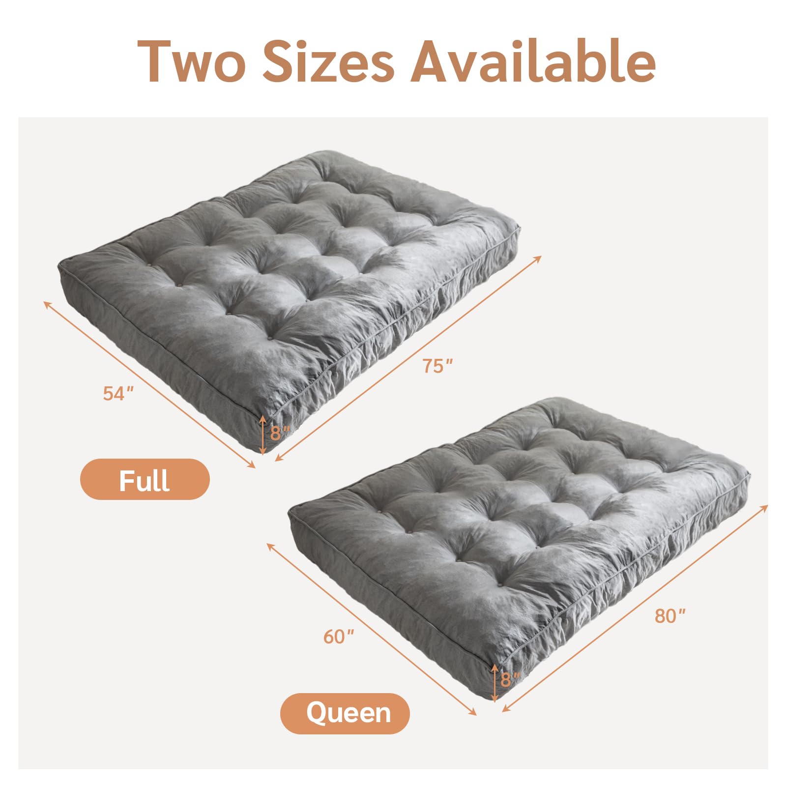 YOSHOOT 8 Inch Full Size Futon Mattress - Thick Sofa Bed & Floor Mattress for Adults with Shredded Foam Filling - Medium Firm Support (54